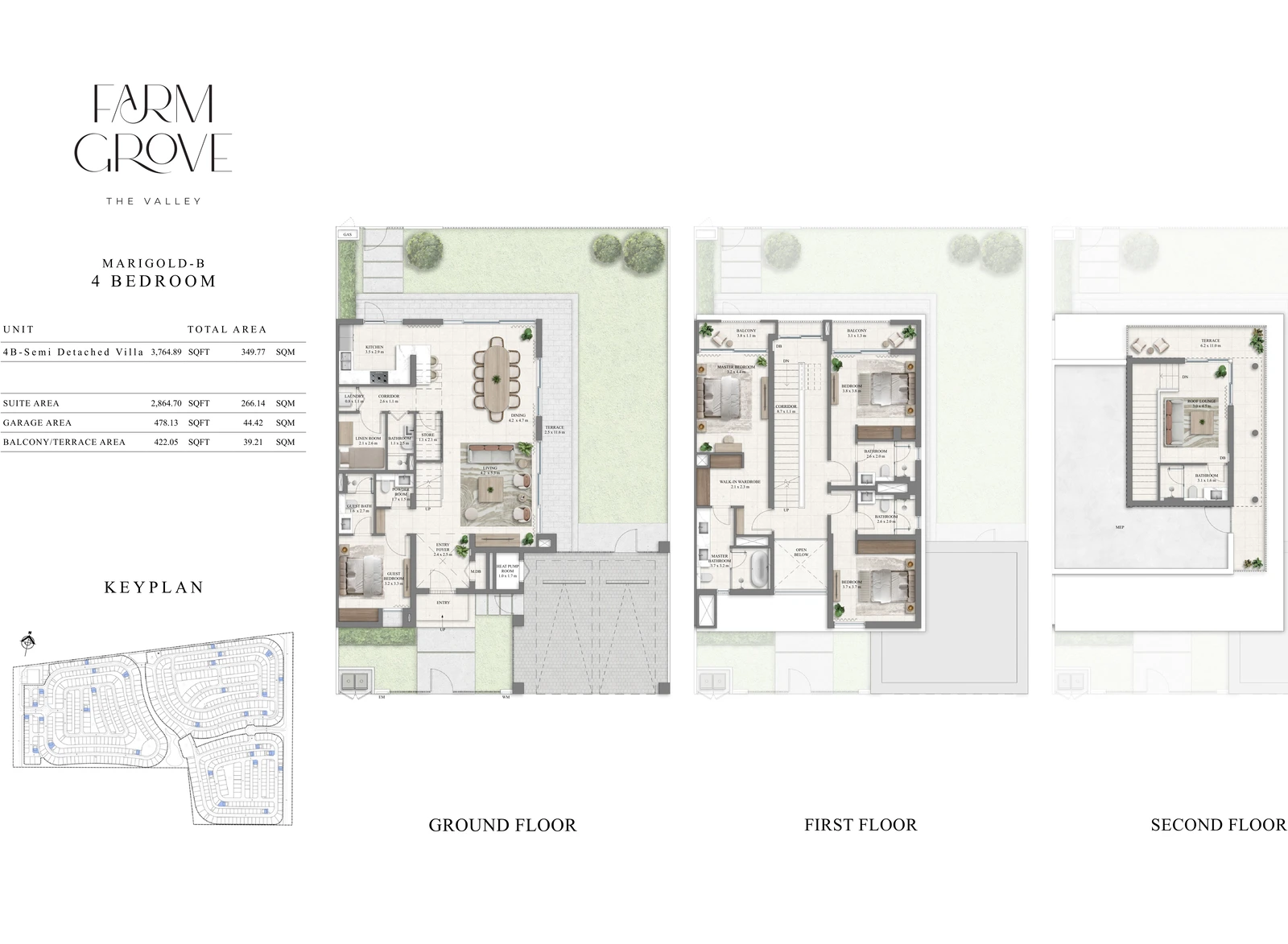 Farm Grove 4-bedroom Marigold-B villa floor plan showing ground, first and second floors, 3,764.89 sq ft