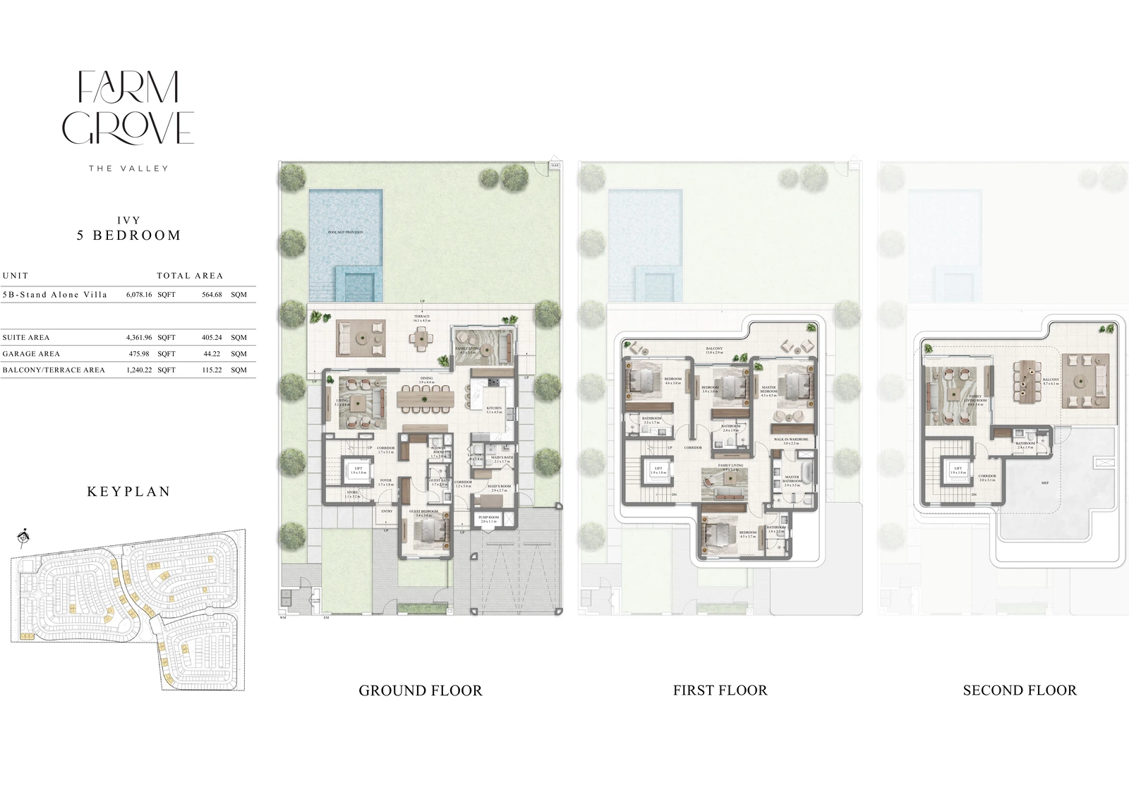 Farm Grove 5-bedroom Ivy villa floor plan showing ground, first and second floors, 6,078.16 sq ft