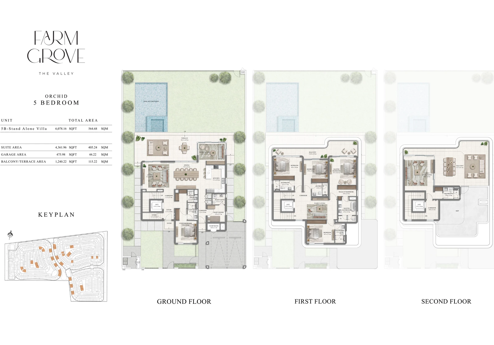 Farm Grove 5-bedroom Orchid villa floor plan showing ground, first and second floors, 6,078.16 sq ft