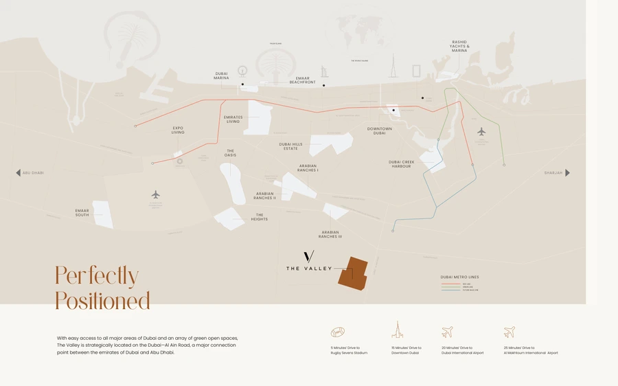 Farm Grove location map within The Valley and travel times to key Dubai destinations