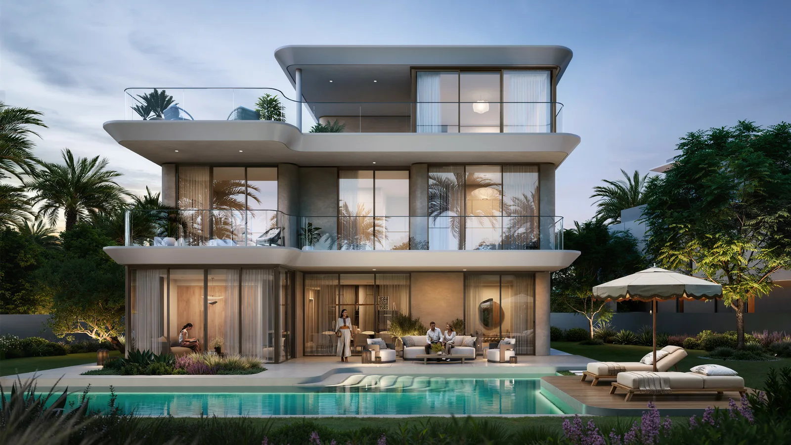Farm Grove villa with a private swimming pool and garden terrace at dusk