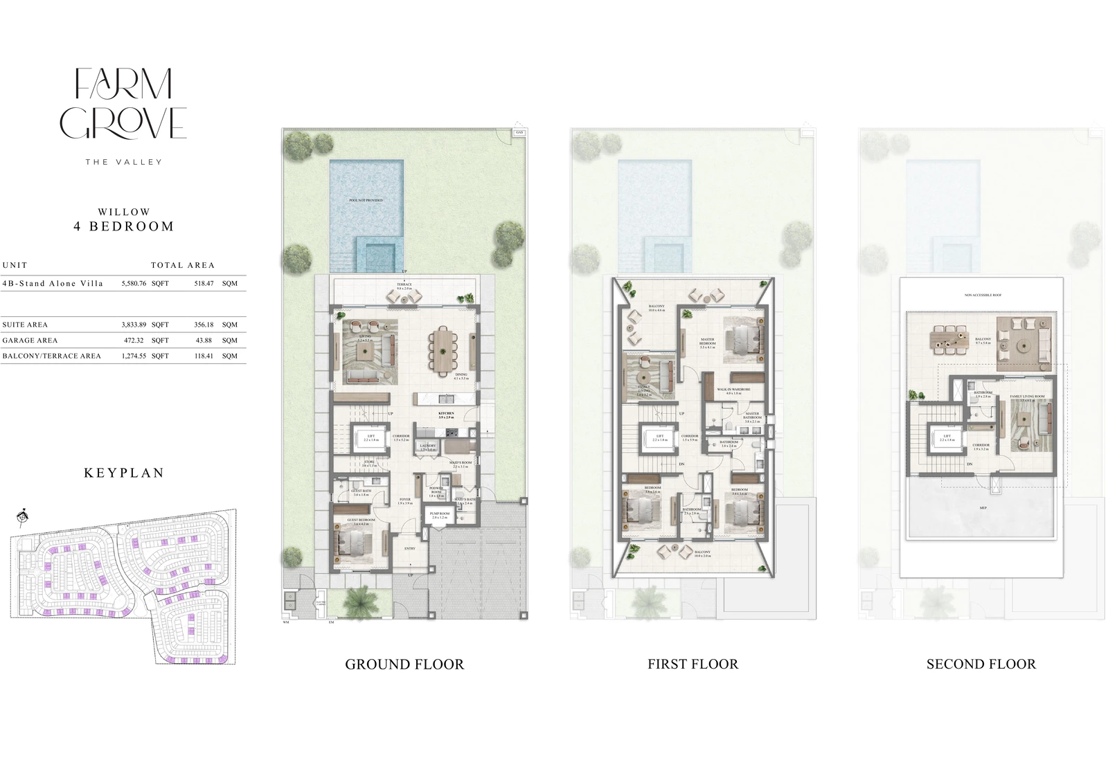Farm Grove 4-bedroom Willow villa floor plan showing ground, first and second floors, 5,580.76 sq ft