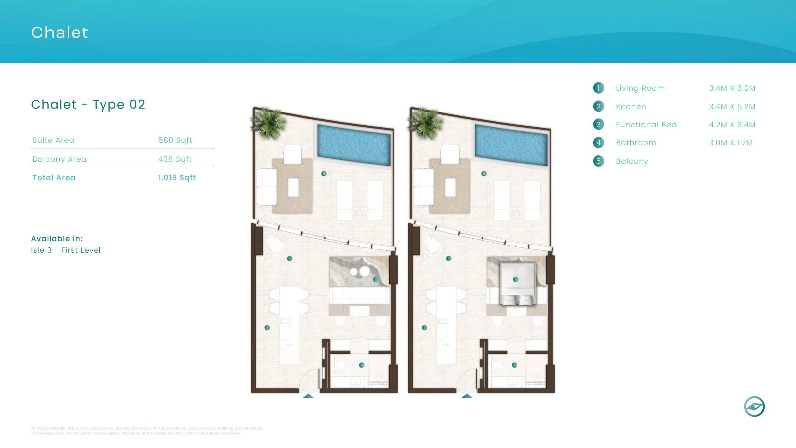 La Mer by Elie Saab 1-bedroom Chalet Type 02 apartment floor plan in Isle 3, 1,019 sq ft.