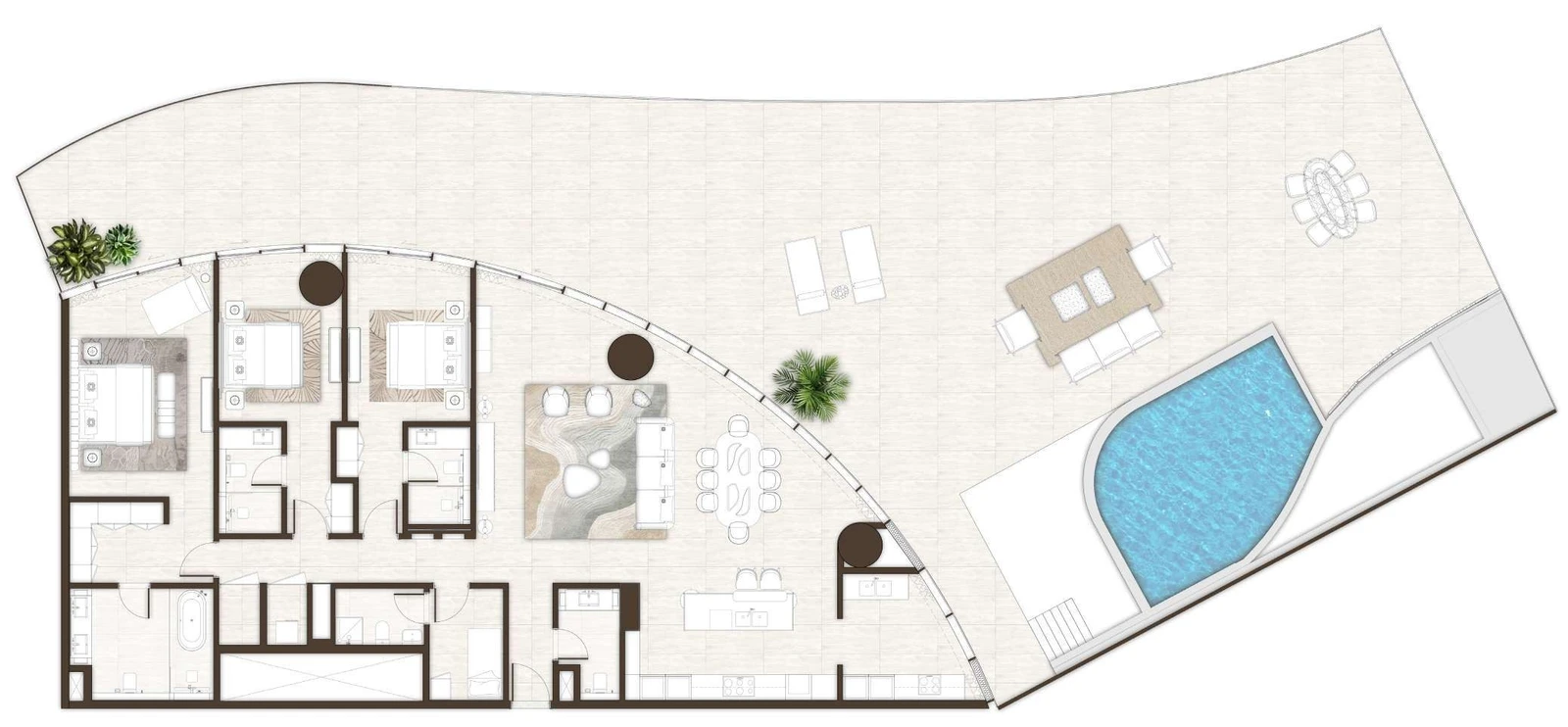 La Mer by Elie Saab 3-bedroom Type 02 & 02A with Maid + Pool apartment floor plan in Isle 1, Isle 2 and Isle 3, 6,318 sq ft.