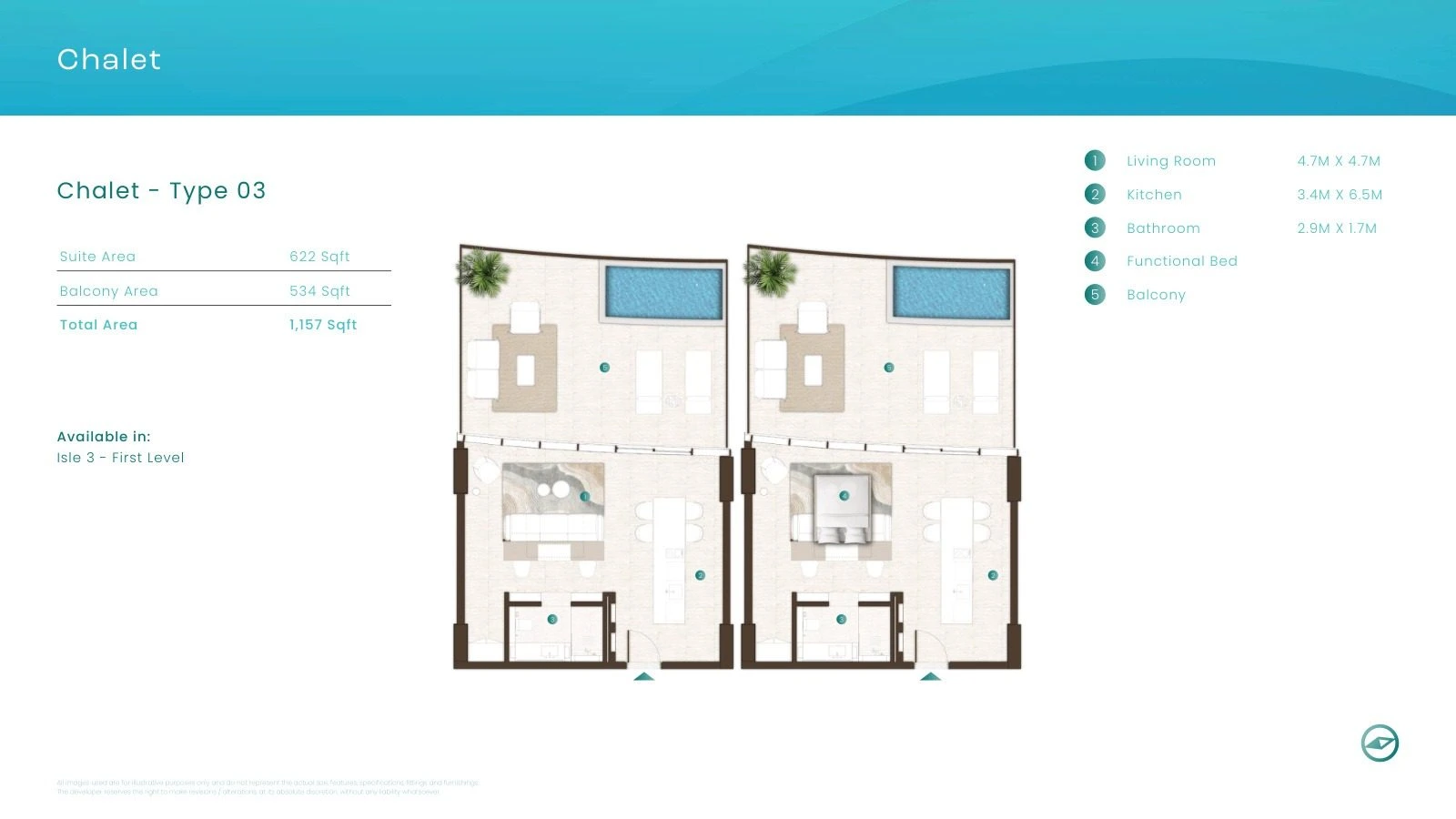 La Mer by Elie Saab 1-bedroom Chalet Type 03 apartment floor plan in Isle 3, 1,157 sq ft.