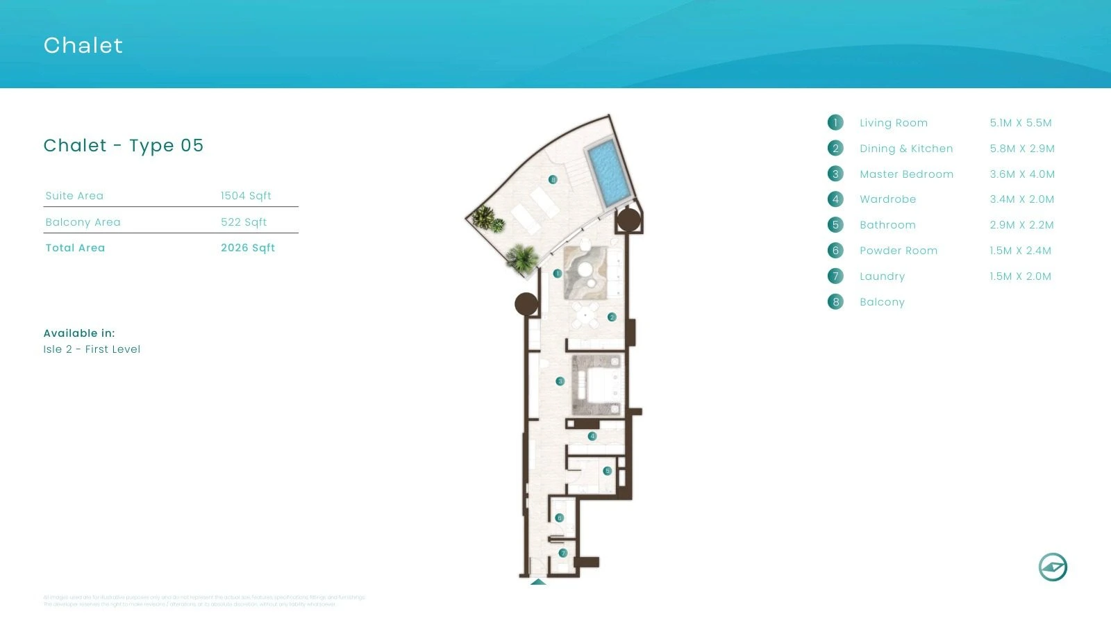 La Mer by Elie Saab 1-bedroom Chalet Type 05 apartment floor plan in Isle 2, 2,026 sq ft.