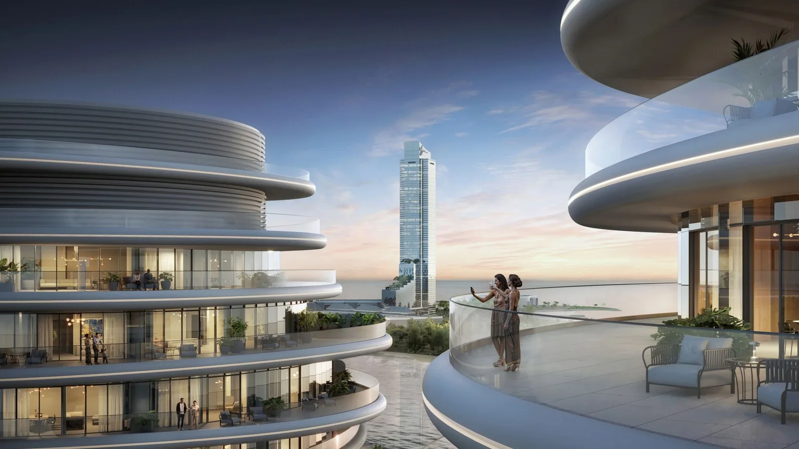 Curved residential balconies and sea view at La Mer by Elie Saab.