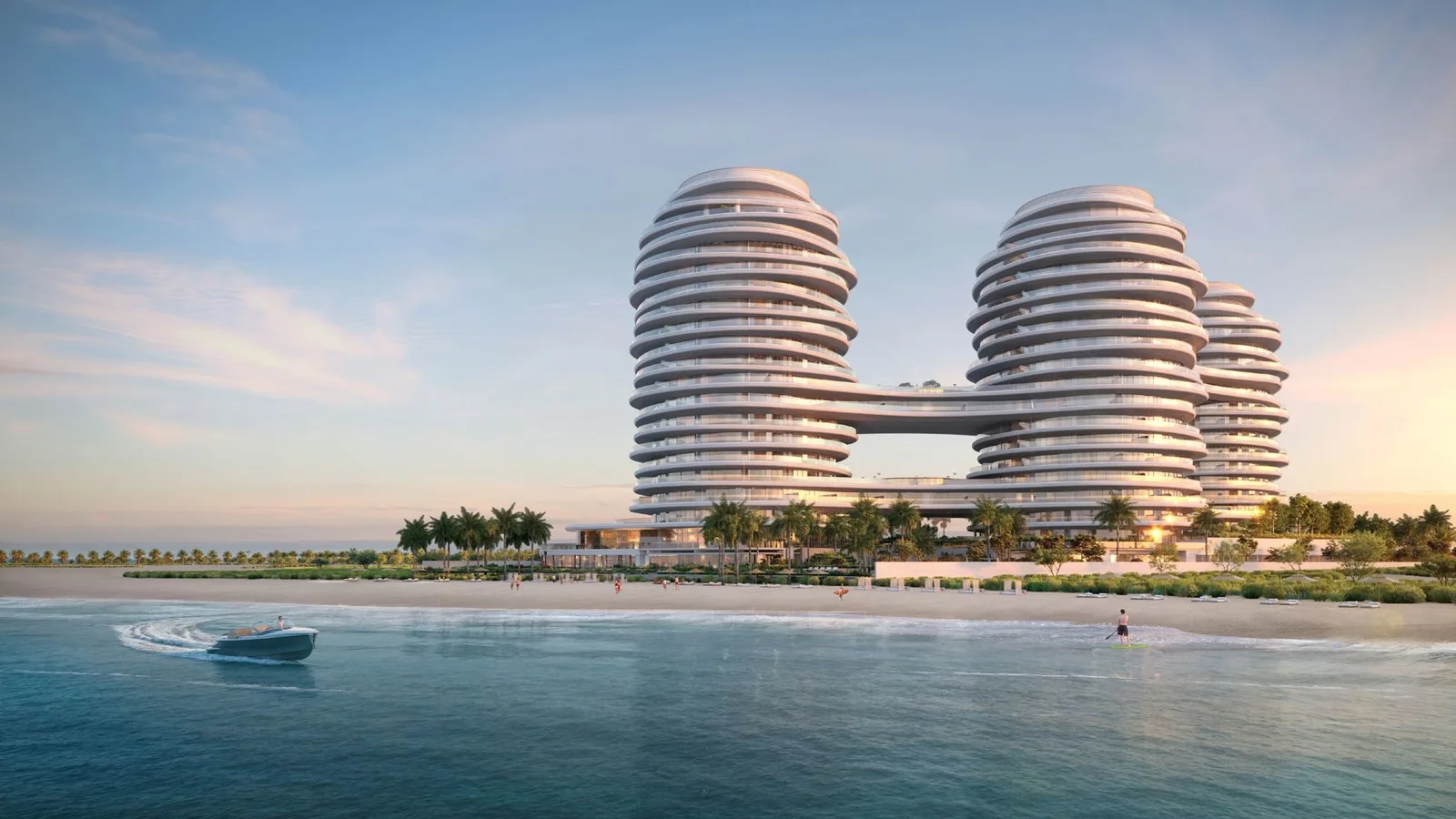 Waterfront exterior of La Mer by Elie Saab viewed across the Arabian Gulf.
