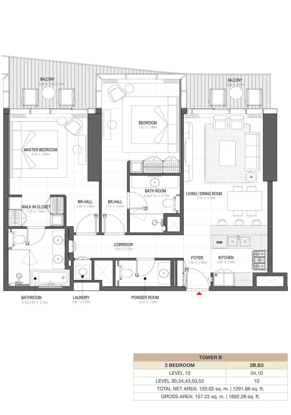 Linar by Alef 2-bedroom Tower B 2 Bedroom 2B.B3 apartment floor plan, 1,291.88 sq ft.