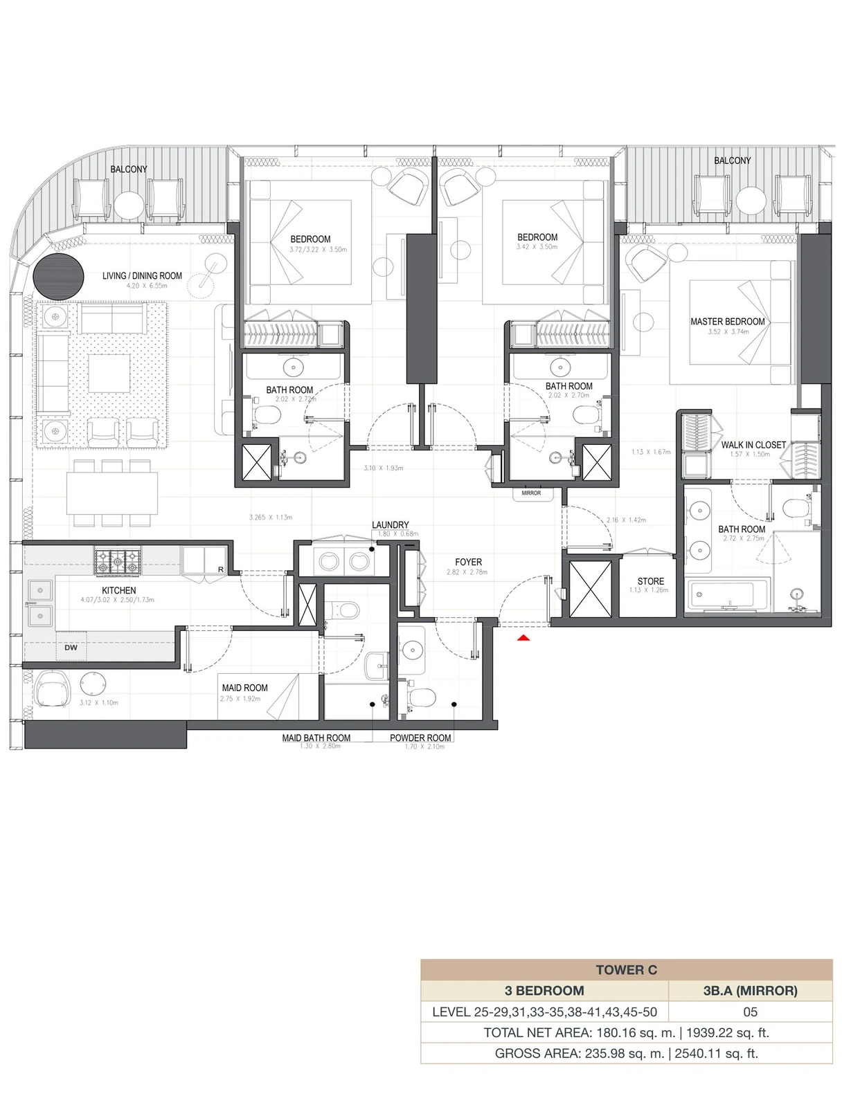 Linar by Alef 3-bedroom Tower C 3 Bedroom 3B.A Mirror apartment floor plan, 1,939.22 sq ft.