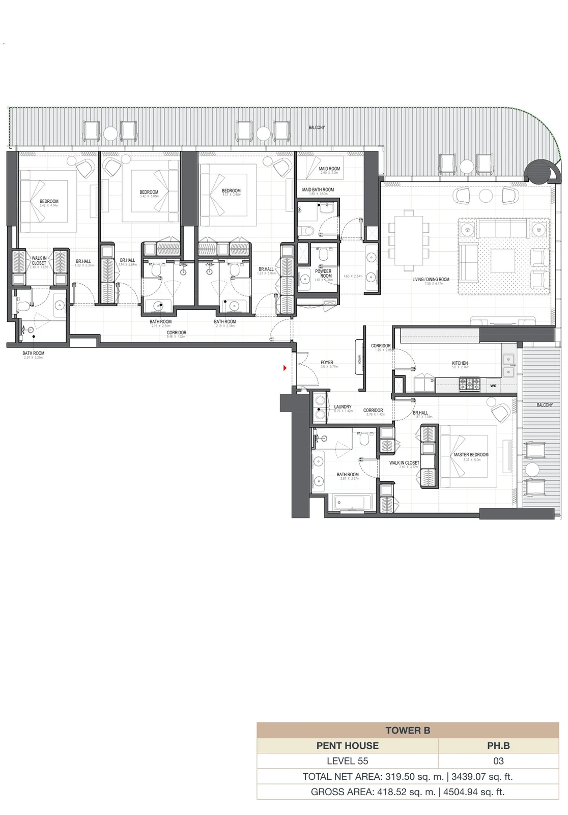 Linar by Alef 4-bedroom Tower B Penthouse PH.B apartment floor plan, 3,439.07 sq ft.