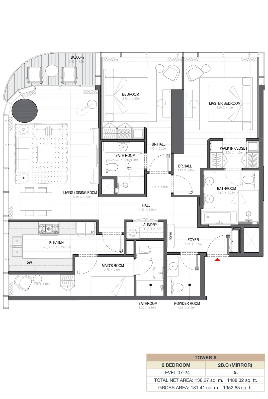 Linar by Alef 2-bedroom Tower A 2 Bedroom 2B.C Mirror apartment floor plan, 1,488.32 sq ft.
