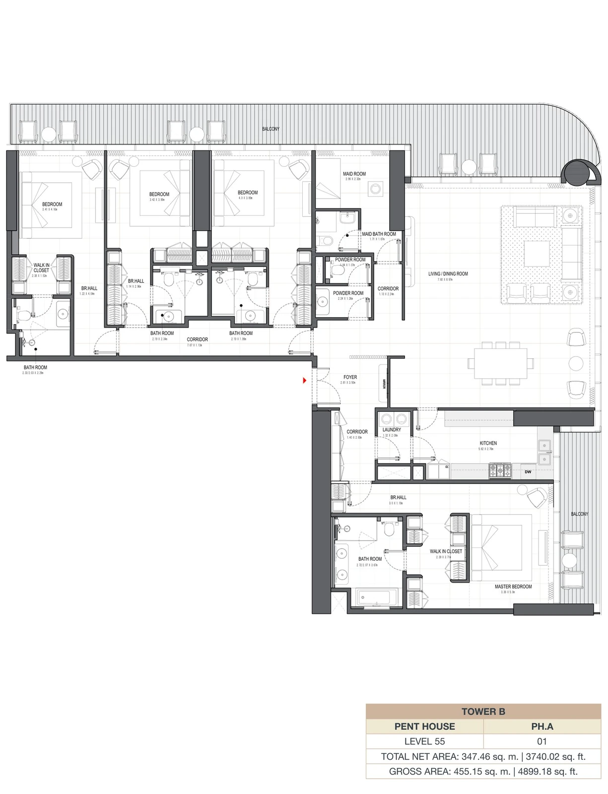 Linar by Alef 4-bedroom Tower B Penthouse PH.A apartment floor plan, 3,740.02 sq ft.