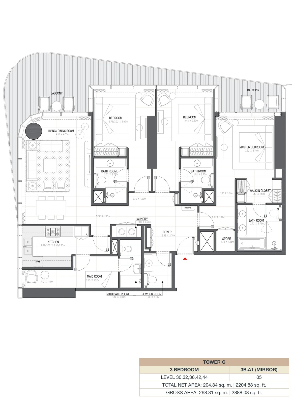 Linar by Alef 3-bedroom Tower C 3 Bedroom 3B.A1 Mirror apartment floor plan, 2,204.88 sq ft.