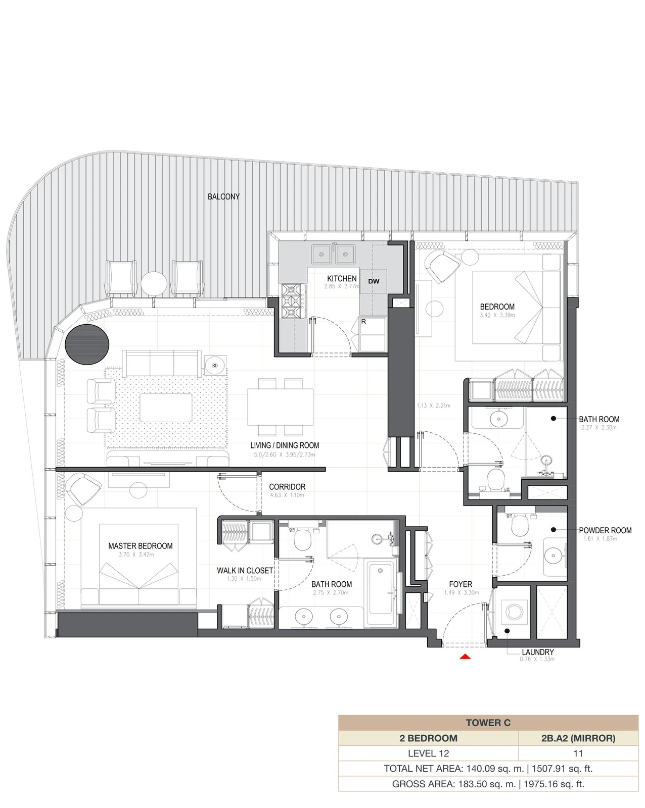 Linar by Alef 2-bedroom Tower C 2 Bedroom 2B.A2 Mirror apartment floor plan, 1,507.91 sq ft.