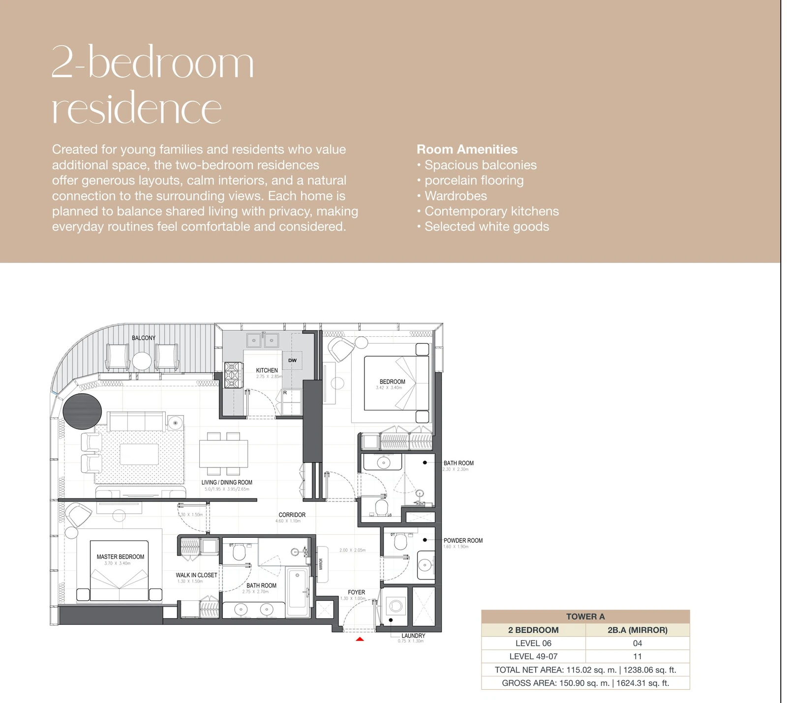 Linar by Alef 2-bedroom Tower A 2 Bedroom 2B.A Mirror apartment floor plan, 1,238.06 sq ft.