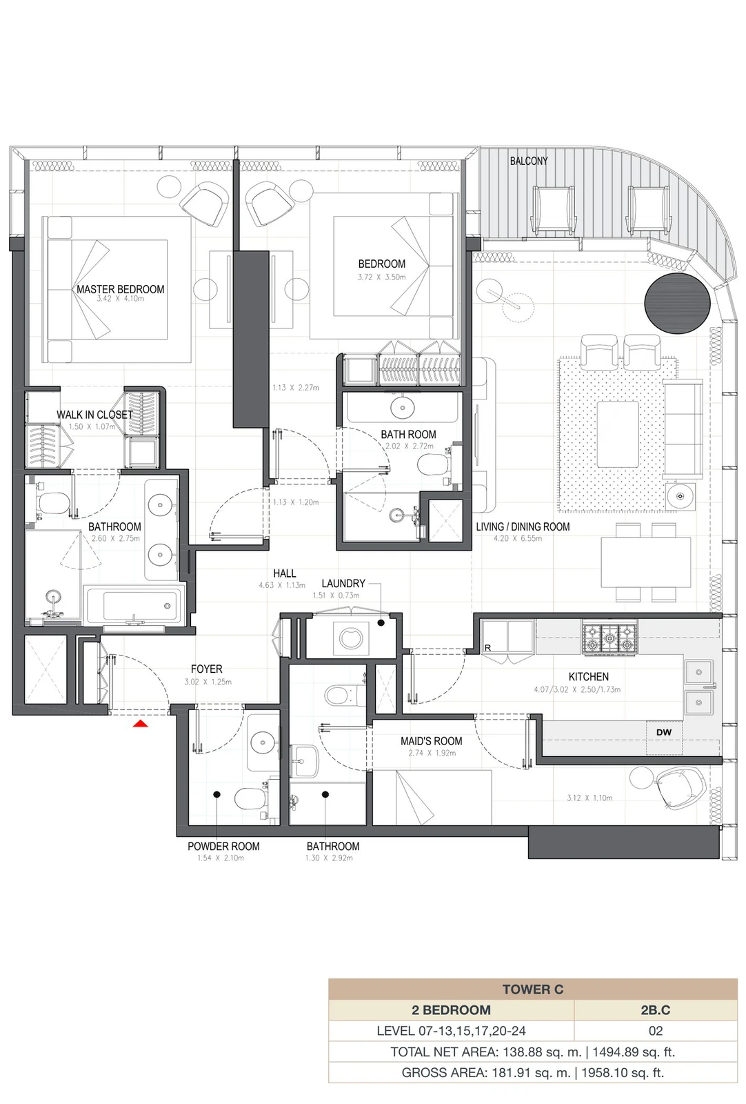 Linar by Alef 2-bedroom Tower C 2 Bedroom 2B.C apartment floor plan, 1,494.89 sq ft.