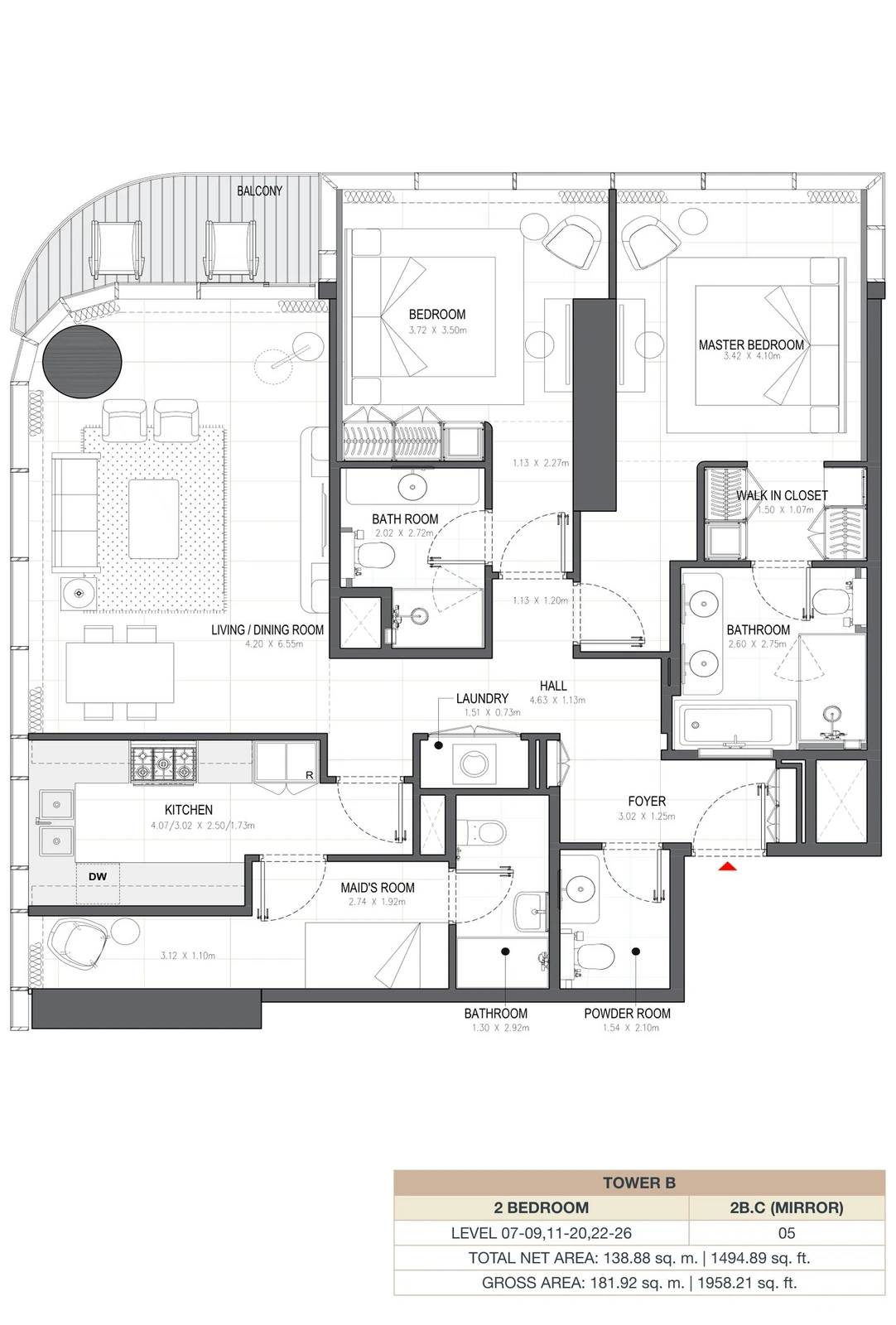Linar by Alef 2-bedroom Tower B 2 Bedroom 2B.C Mirror apartment floor plan, 1,494.89 sq ft.