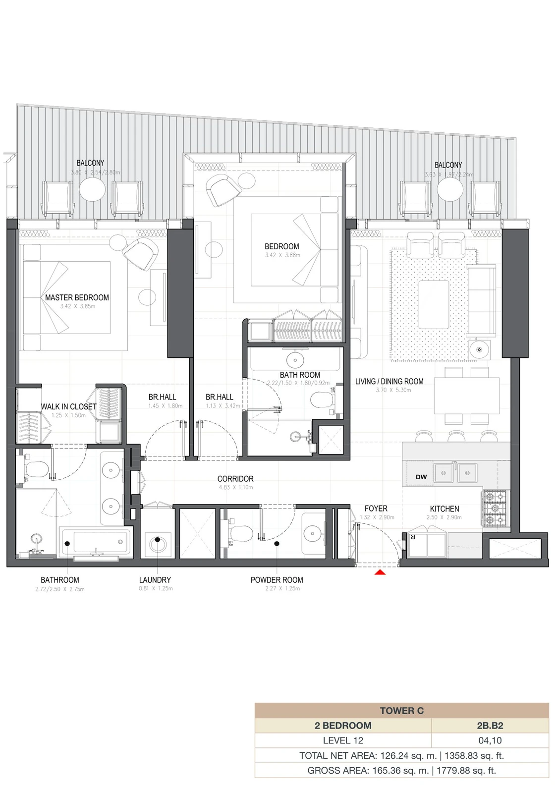 Linar by Alef 2-bedroom Tower C 2 Bedroom 2B.B2 apartment floor plan, 1,358.83 sq ft.