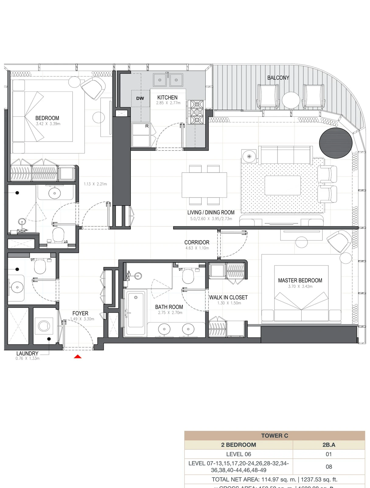 Linar by Alef 2-bedroom Tower C 2 Bedroom 2B.A apartment floor plan, 1,237.53 sq ft.