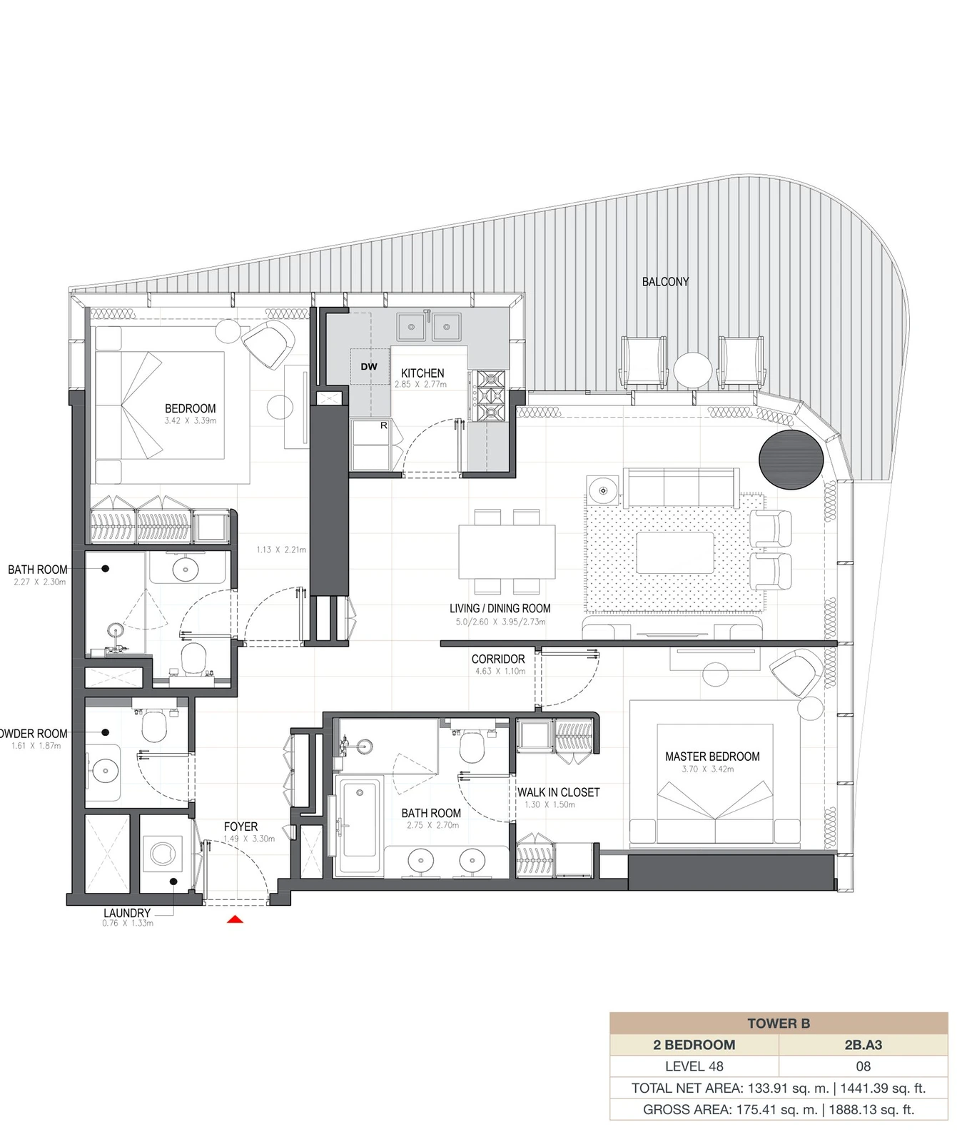 Linar by Alef 2-bedroom Tower B 2 Bedroom 2B.A3 apartment floor plan, 1,441.39 sq ft.
