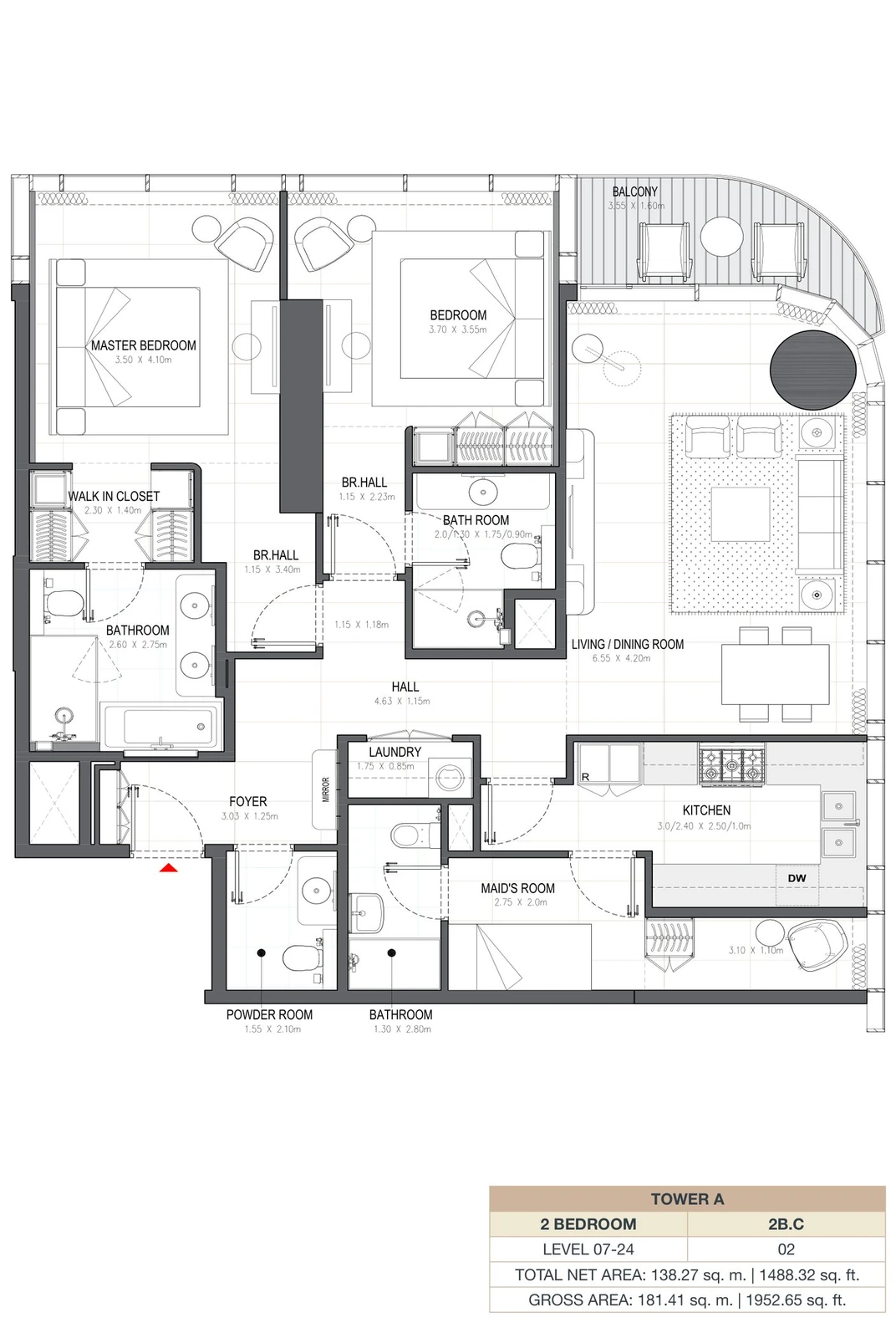 Linar by Alef 2-bedroom Tower A 2 Bedroom 2B.C apartment floor plan, 1,488.32 sq ft.