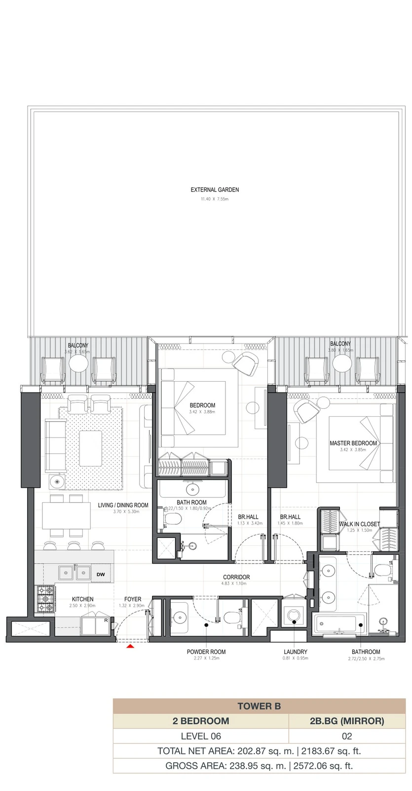 Linar by Alef 2-bedroom Tower B 2 Bedroom 2B.BG Mirror apartment floor plan, 2,183.67 sq ft.