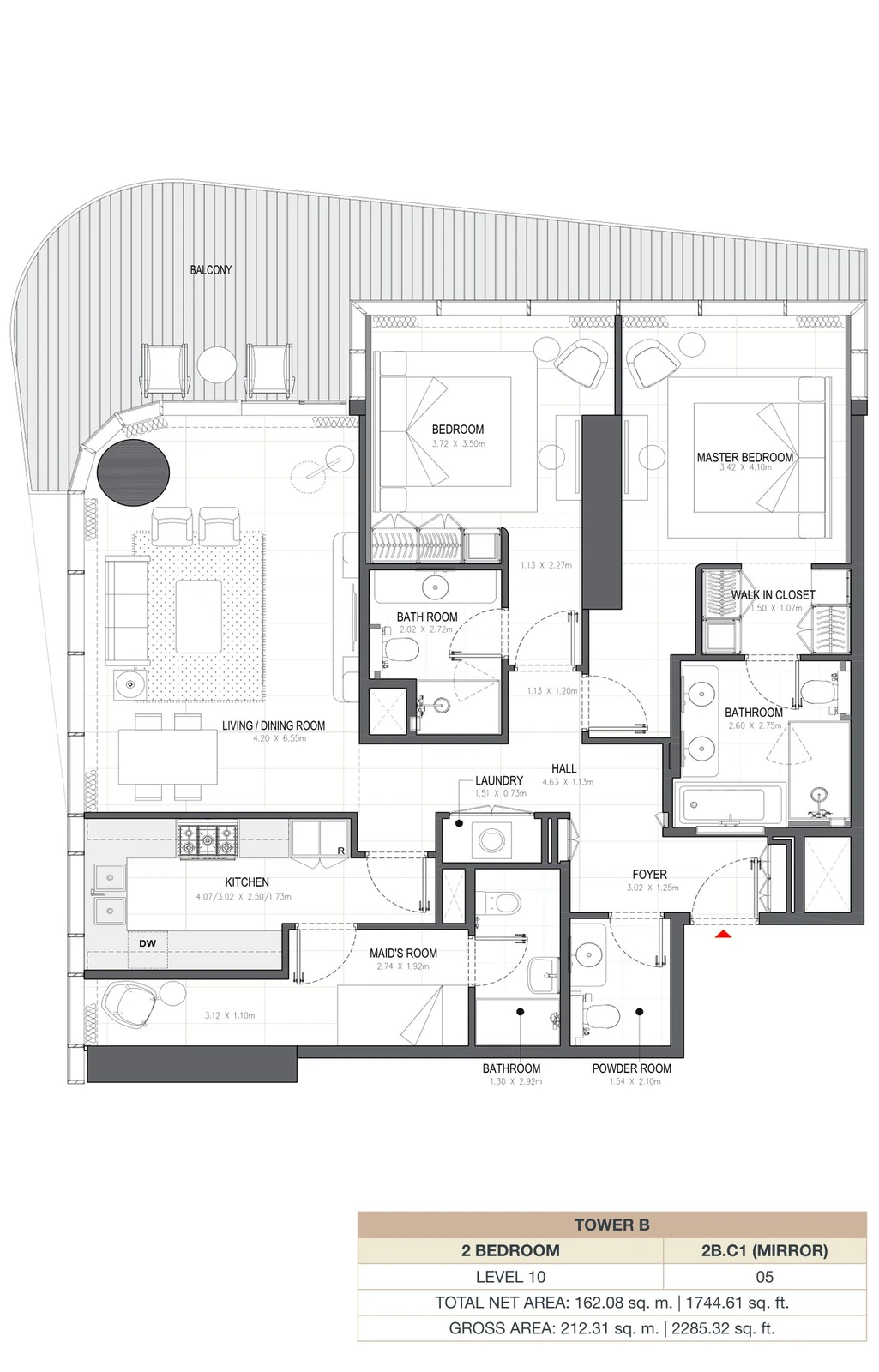 Linar by Alef 2-bedroom Tower B 2 Bedroom 2B.C1 Mirror apartment floor plan, 1,744.61 sq ft.
