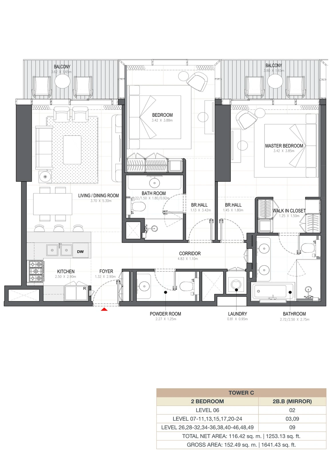 Linar by Alef 2-bedroom Tower C 2 Bedroom 2B.B Mirror apartment floor plan, 1,253.13 sq ft.