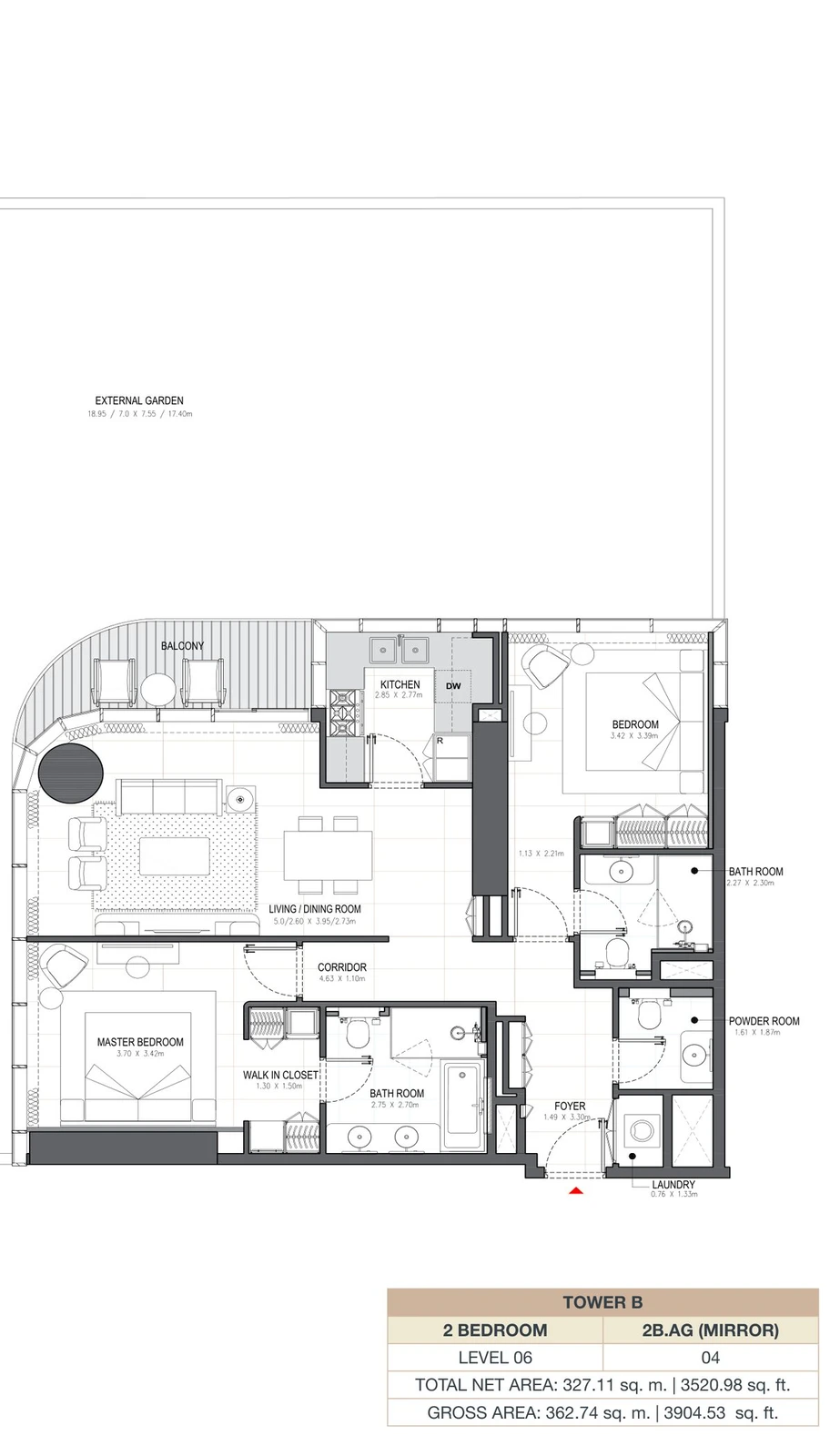 Linar by Alef 2-bedroom Tower B 2 Bedroom 2B.AG Mirror apartment floor plan, 3,520.98 sq ft.
