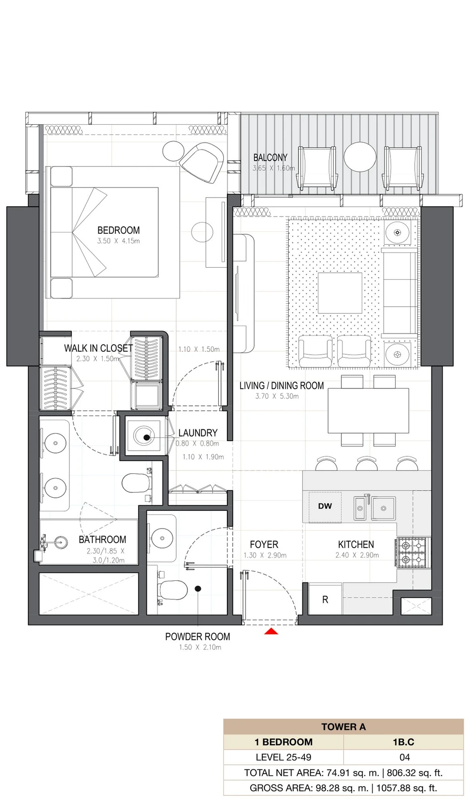 Linar by Alef 1-bedroom Tower A 1 Bedroom 1B.C apartment floor plan, 806.32 sq ft.