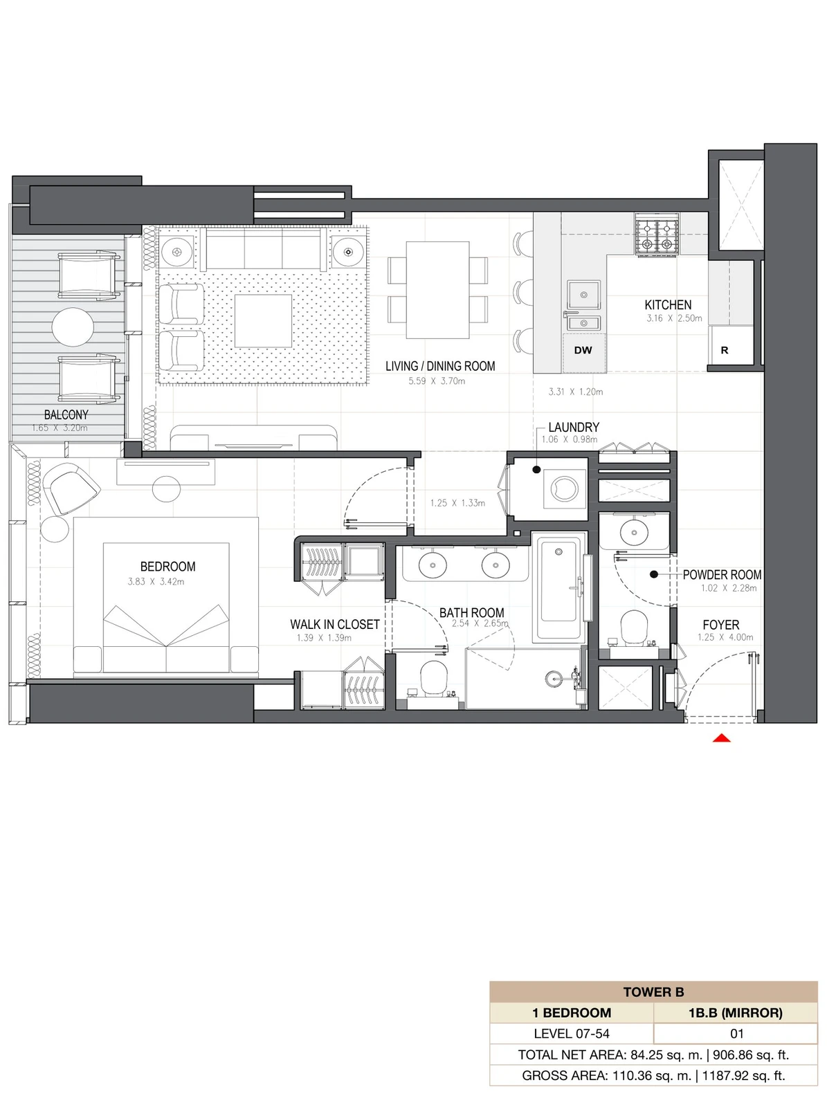 Linar by Alef 1-bedroom Tower B 1 Bedroom 1B.B Mirror apartment floor plan, 906.86 sq ft.