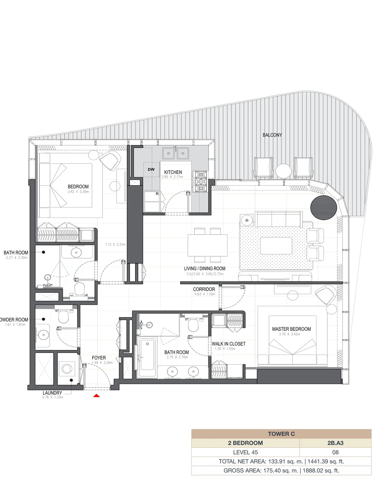 Linar by Alef 2-bedroom Tower C 2 Bedroom 2B.A3 apartment floor plan, 1,441.39 sq ft.