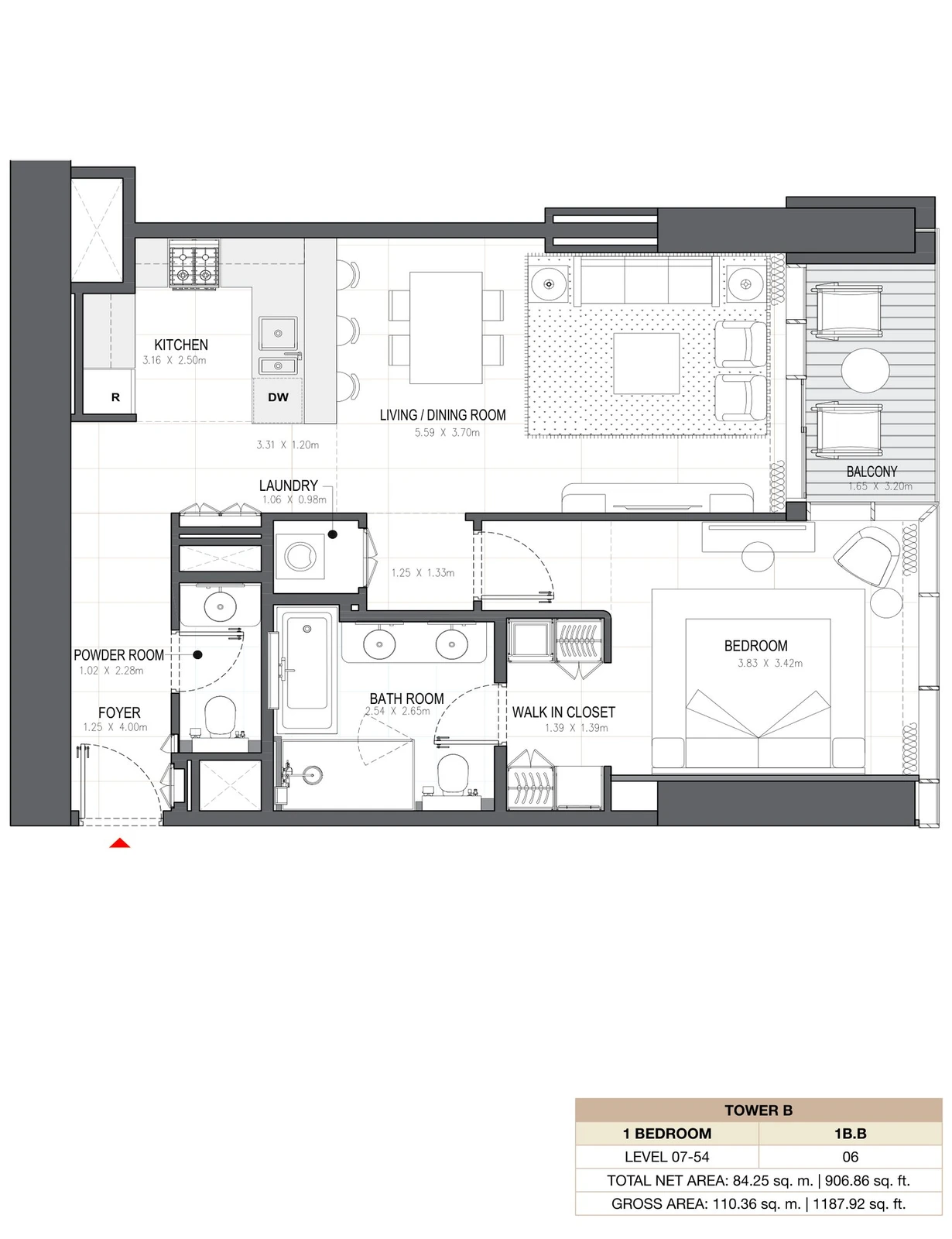 Linar by Alef 1-bedroom Tower B 1 Bedroom 1B.B apartment floor plan, 906.86 sq ft.