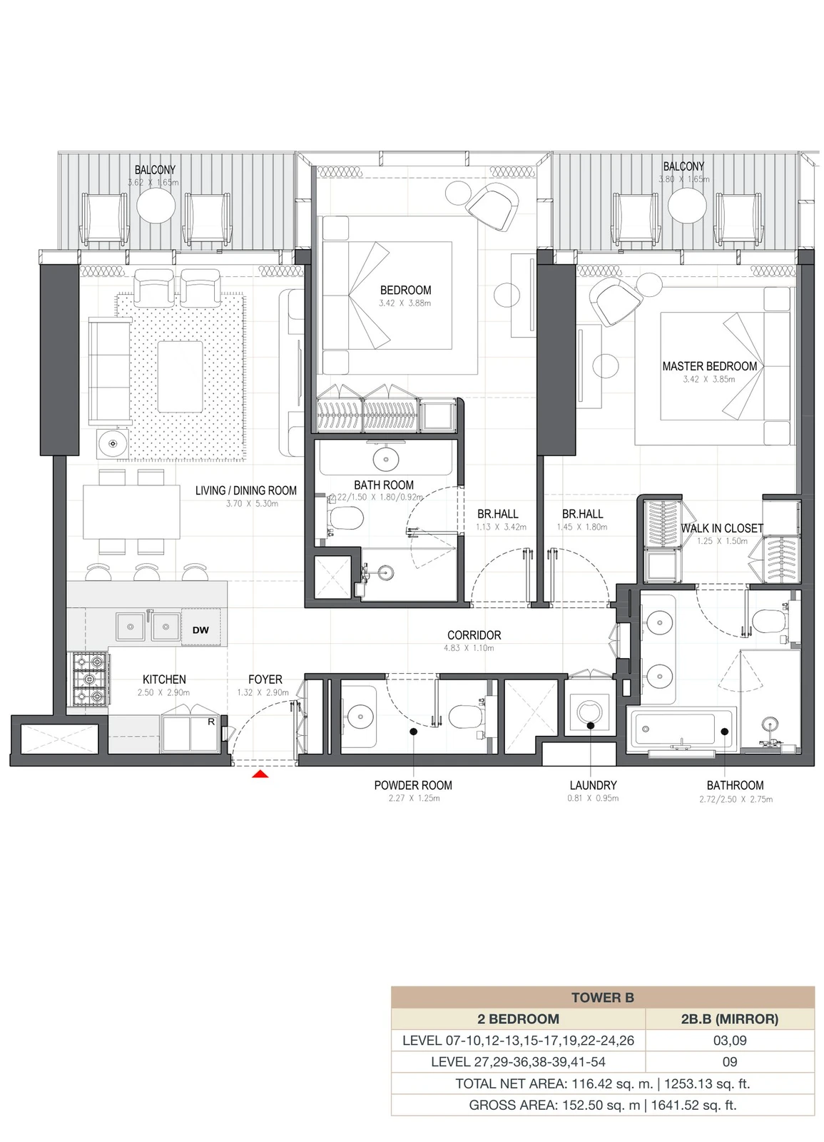 Linar by Alef 2-bedroom Tower B 2 Bedroom 2B.B Mirror apartment floor plan, 1,253.13 sq ft.