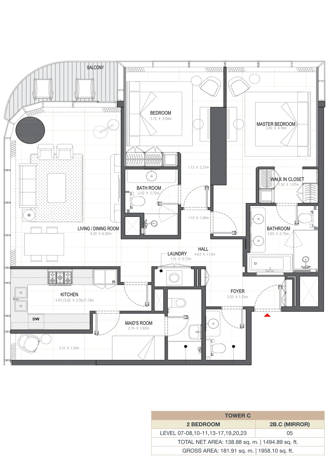 Linar by Alef 2-bedroom Tower C 2 Bedroom 2B.C Mirror apartment floor plan, 1,494.89 sq ft.