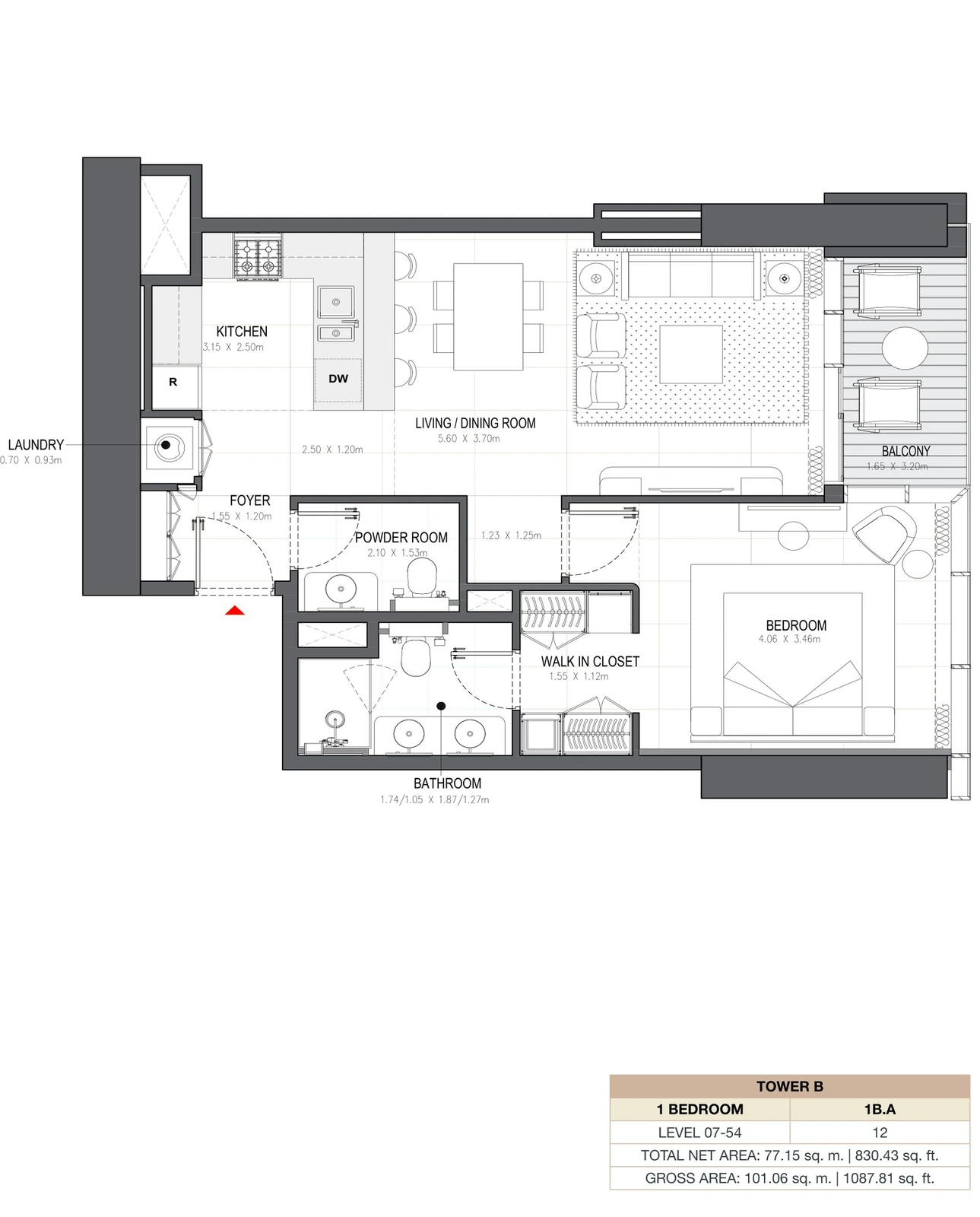 Linar by Alef 1-bedroom Tower B 1 Bedroom 1B.A apartment floor plan, 830.43 sq ft.