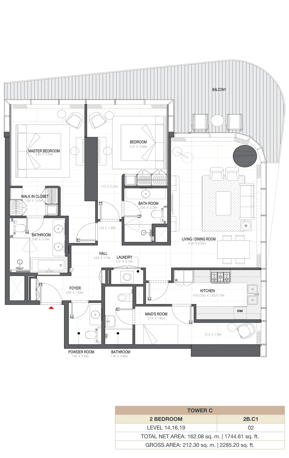 Linar by Alef 2-bedroom Tower C 2 Bedroom 2B.C1 apartment floor plan, 1,744.61 sq ft.