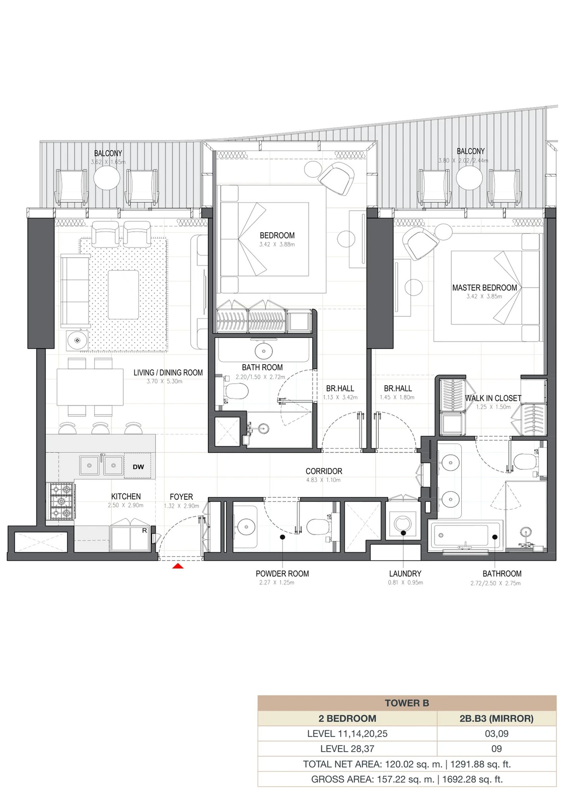 Linar by Alef 2-bedroom Tower B 2 Bedroom 2B.B3 Mirror apartment floor plan, 1,291.88 sq ft.