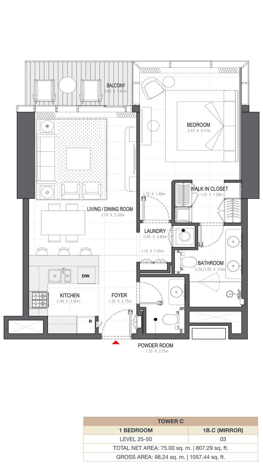 Linar by Alef 1-bedroom Tower C 1 Bedroom 1B.C Mirror apartment floor plan, 807.29 sq ft.