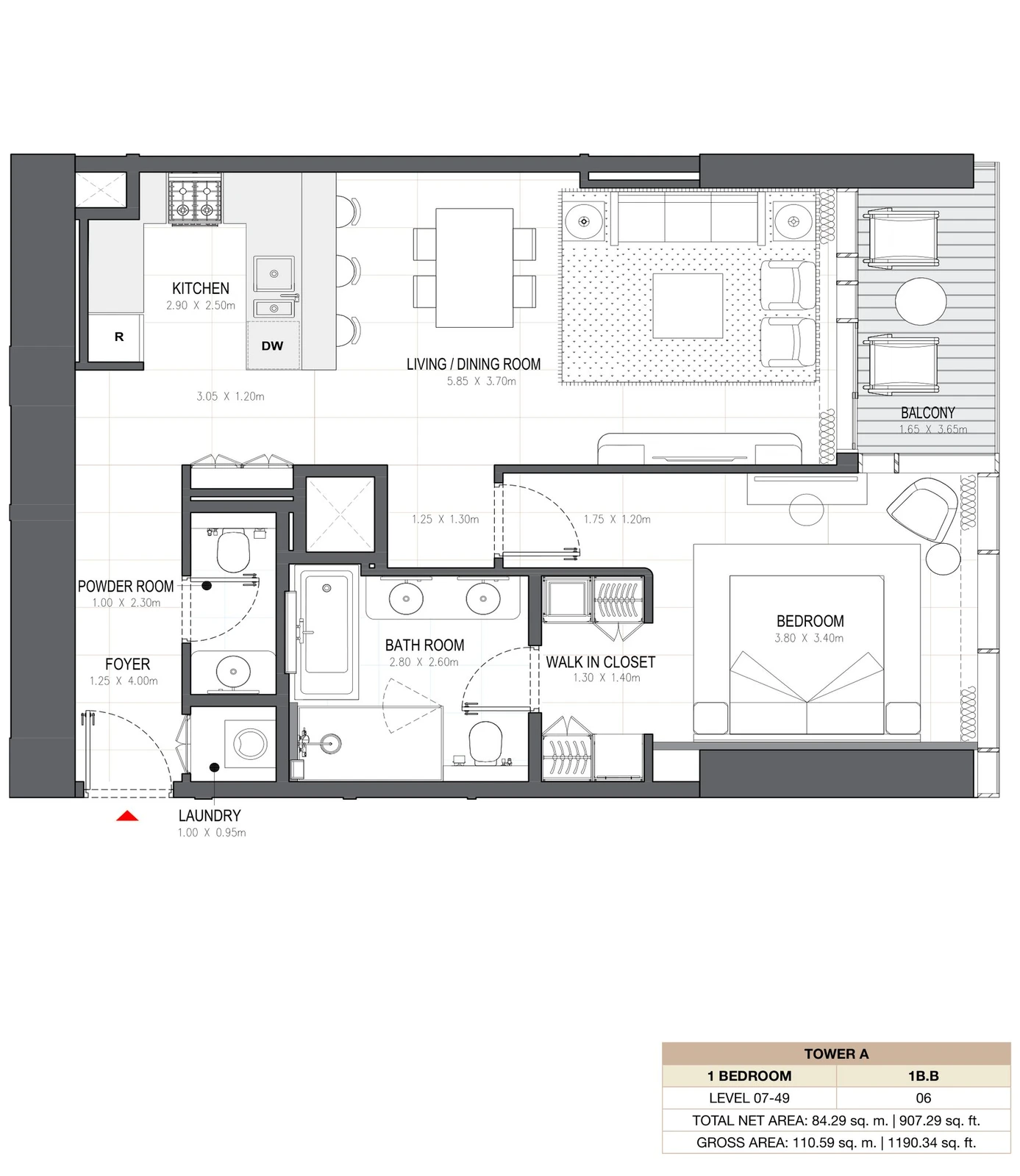 Linar by Alef 1-bedroom Tower A 1 Bedroom 1B.B apartment floor plan, 907.29 sq ft.