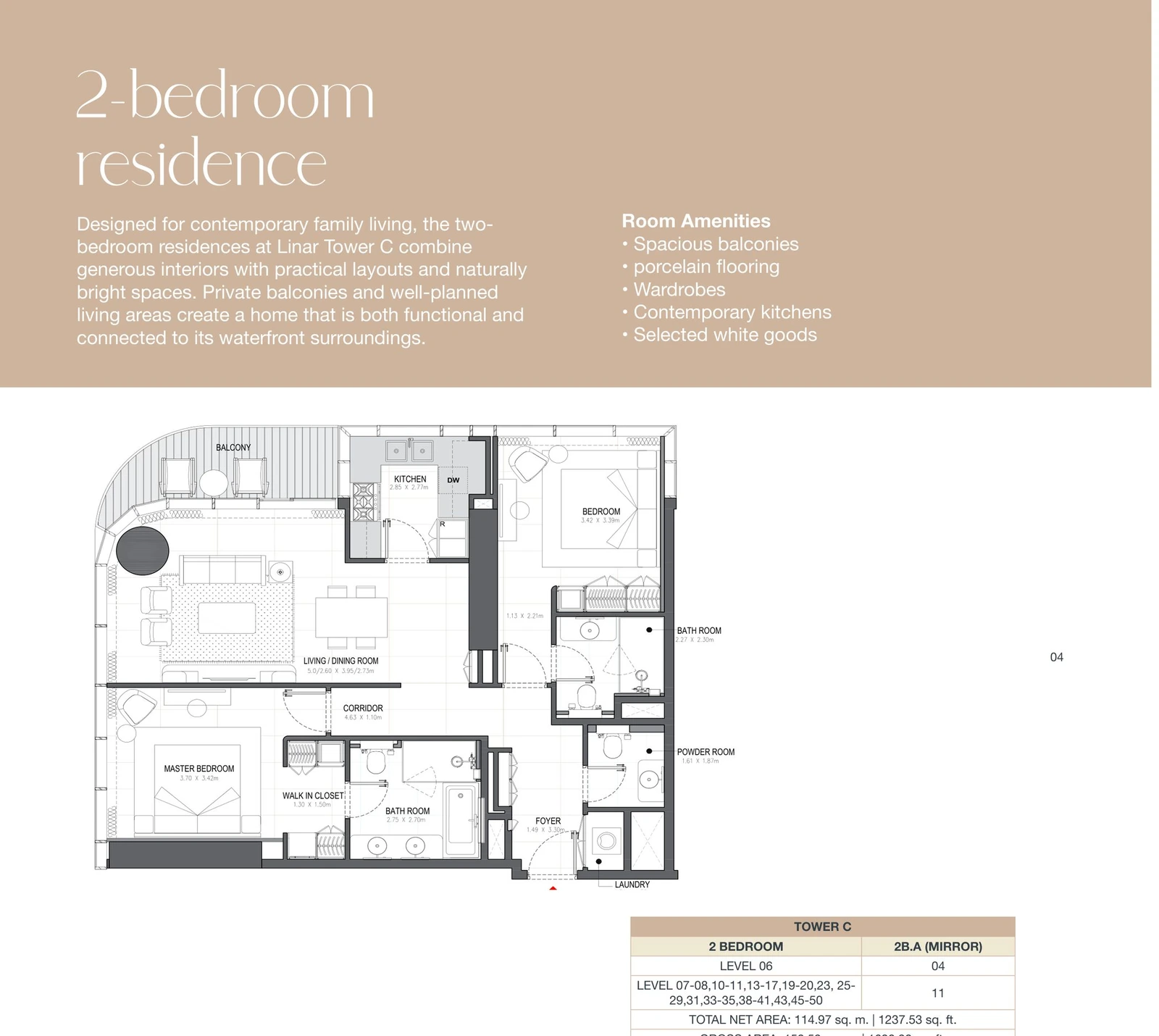 Linar by Alef 2-bedroom Tower C 2 Bedroom 2B.A Mirror apartment floor plan, 1,237.53 sq ft.