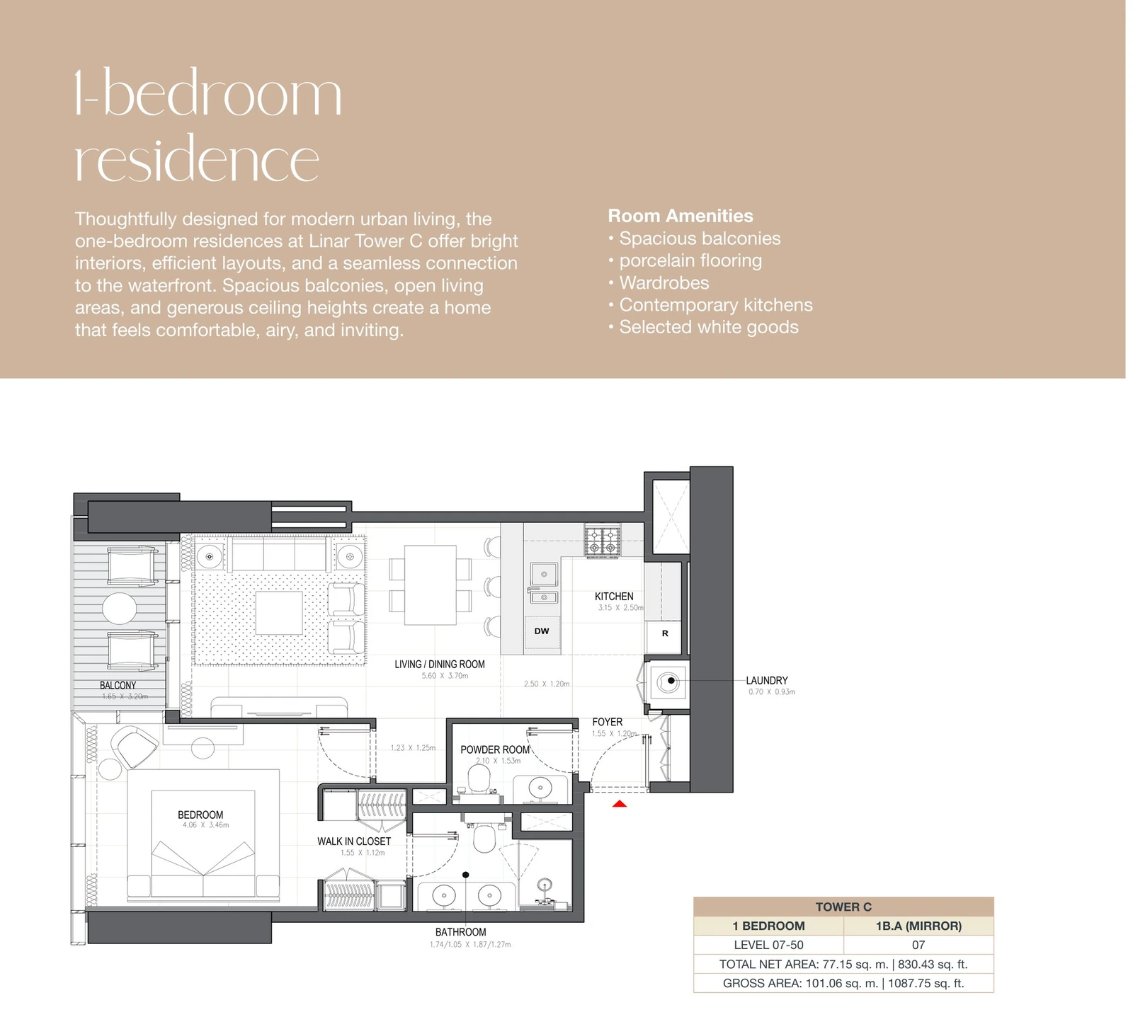 Linar by Alef 1-bedroom Tower C 1 Bedroom 1B.A Mirror apartment floor plan, 830.43 sq ft.