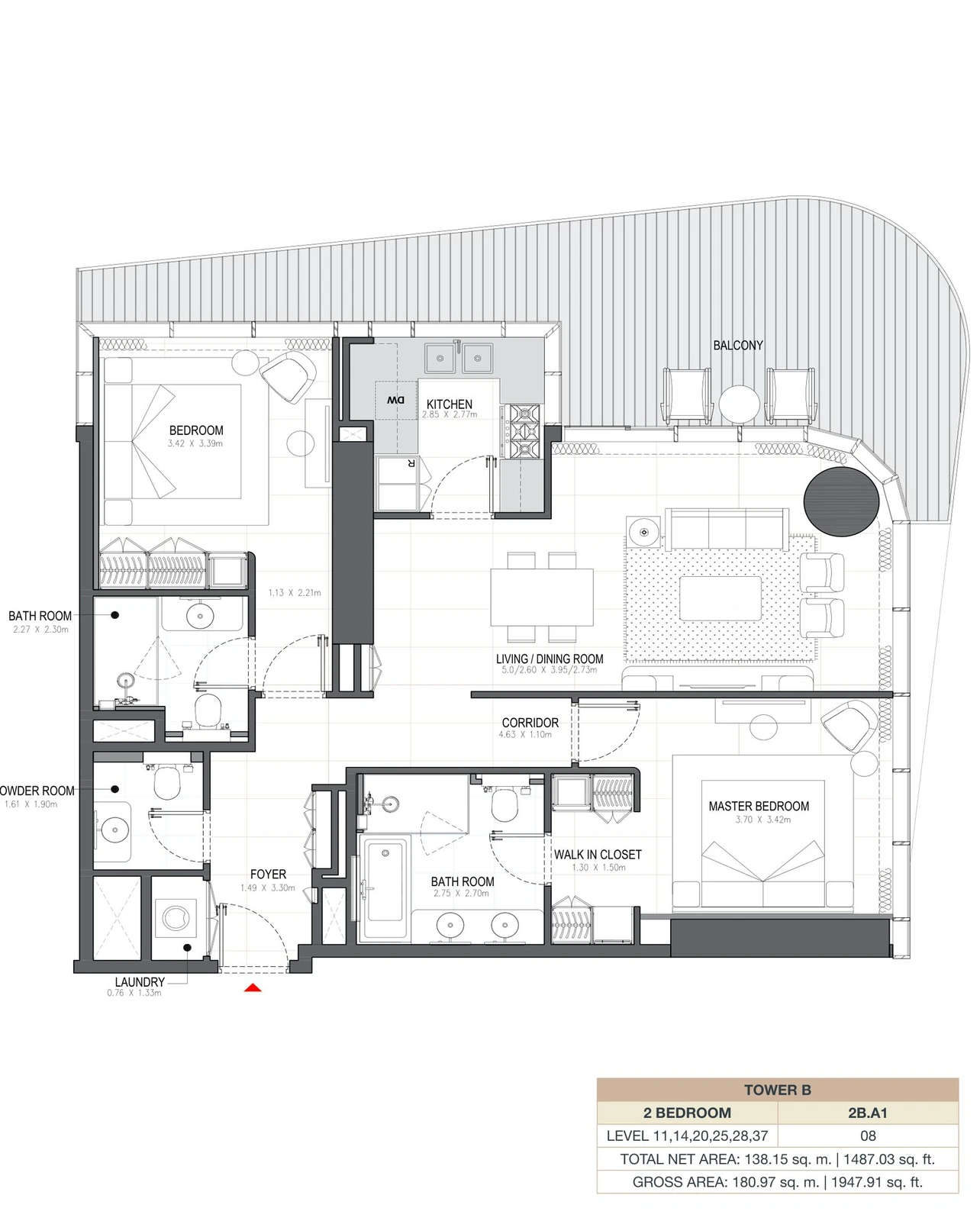 Linar by Alef 2-bedroom Tower B 2 Bedroom 2B.A1 apartment floor plan, 1,487.03 sq ft.