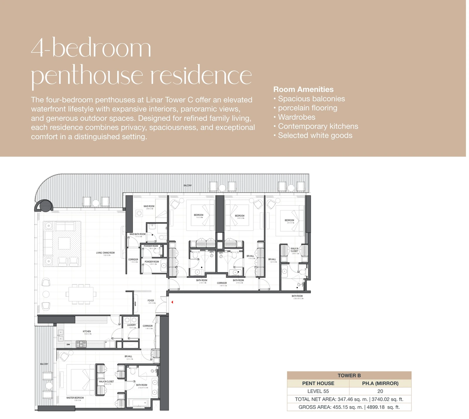 Linar by Alef 4-bedroom Tower B Penthouse PH.A Mirror apartment floor plan, 3,740.02 sq ft.
