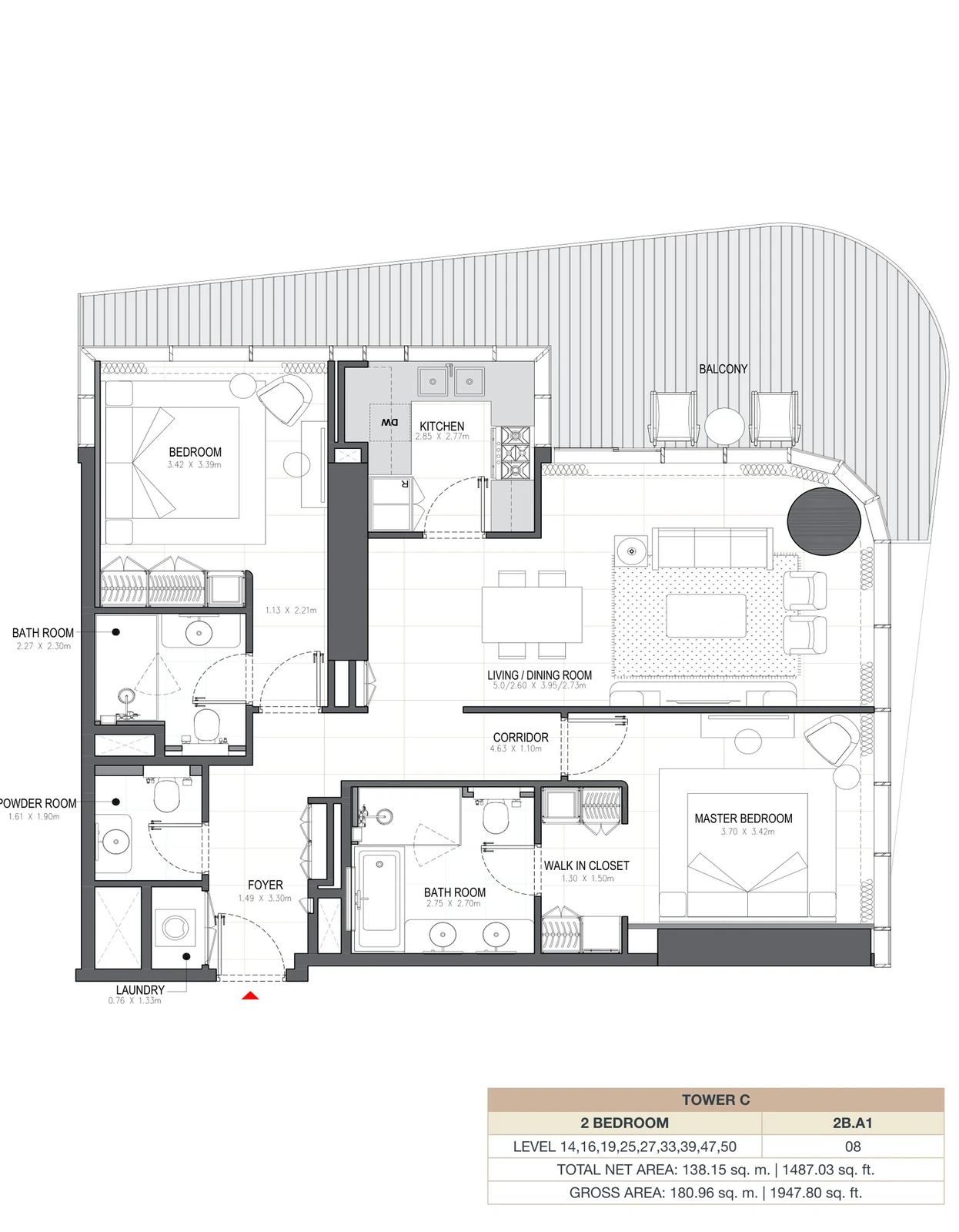 Linar by Alef 2-bedroom Tower C 2 Bedroom 2B.A1 apartment floor plan, 1,487.03 sq ft.