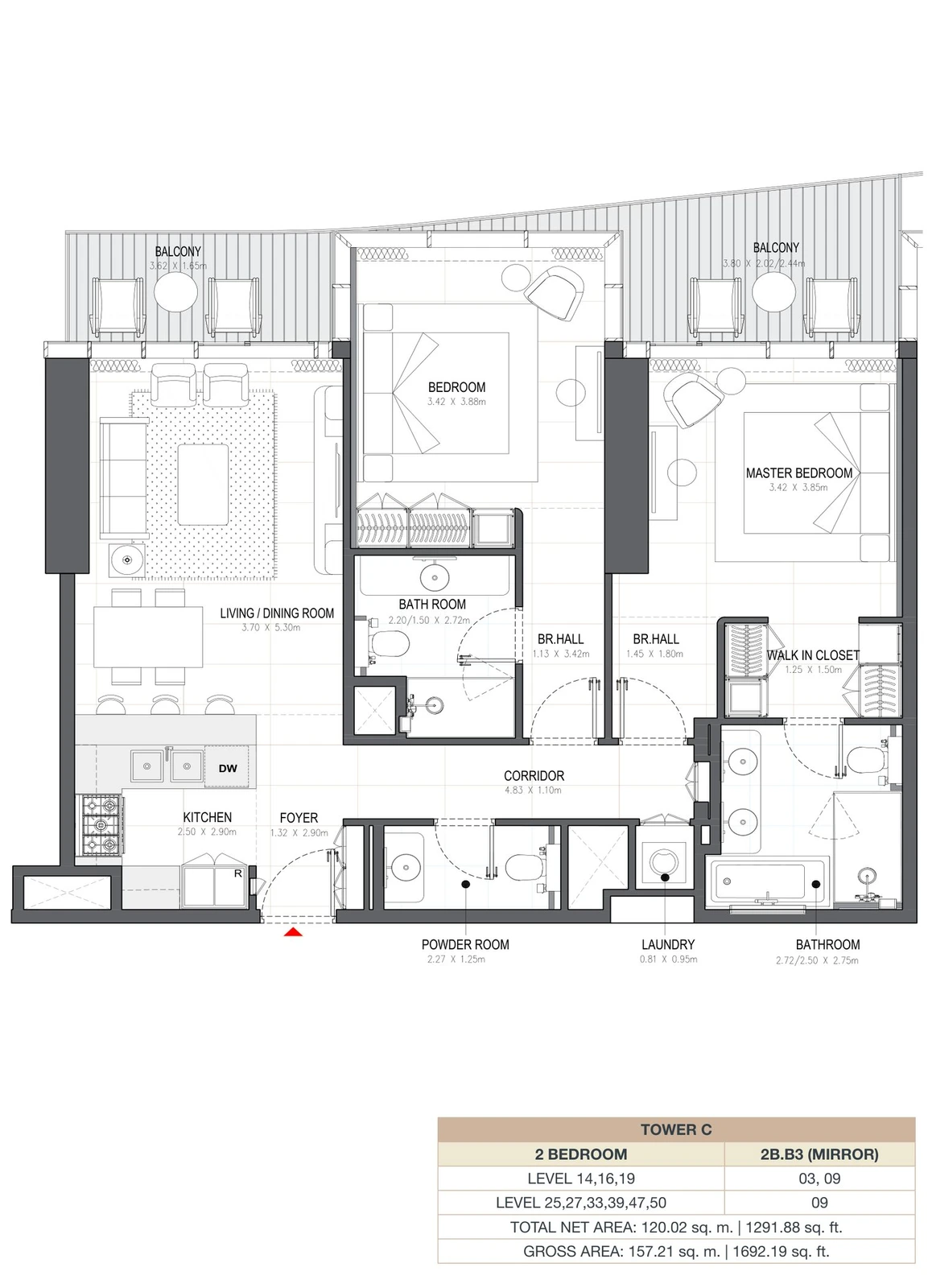 Linar by Alef 2-bedroom Tower C 2 Bedroom 2B.B3 Mirror apartment floor plan, 1,291.88 sq ft.