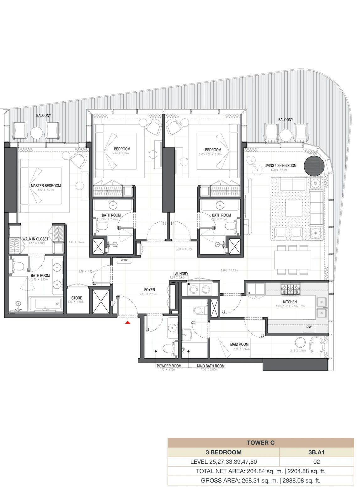 Linar by Alef 3-bedroom Tower C 3 Bedroom 3B.A1 apartment floor plan, 2,204.88 sq ft.