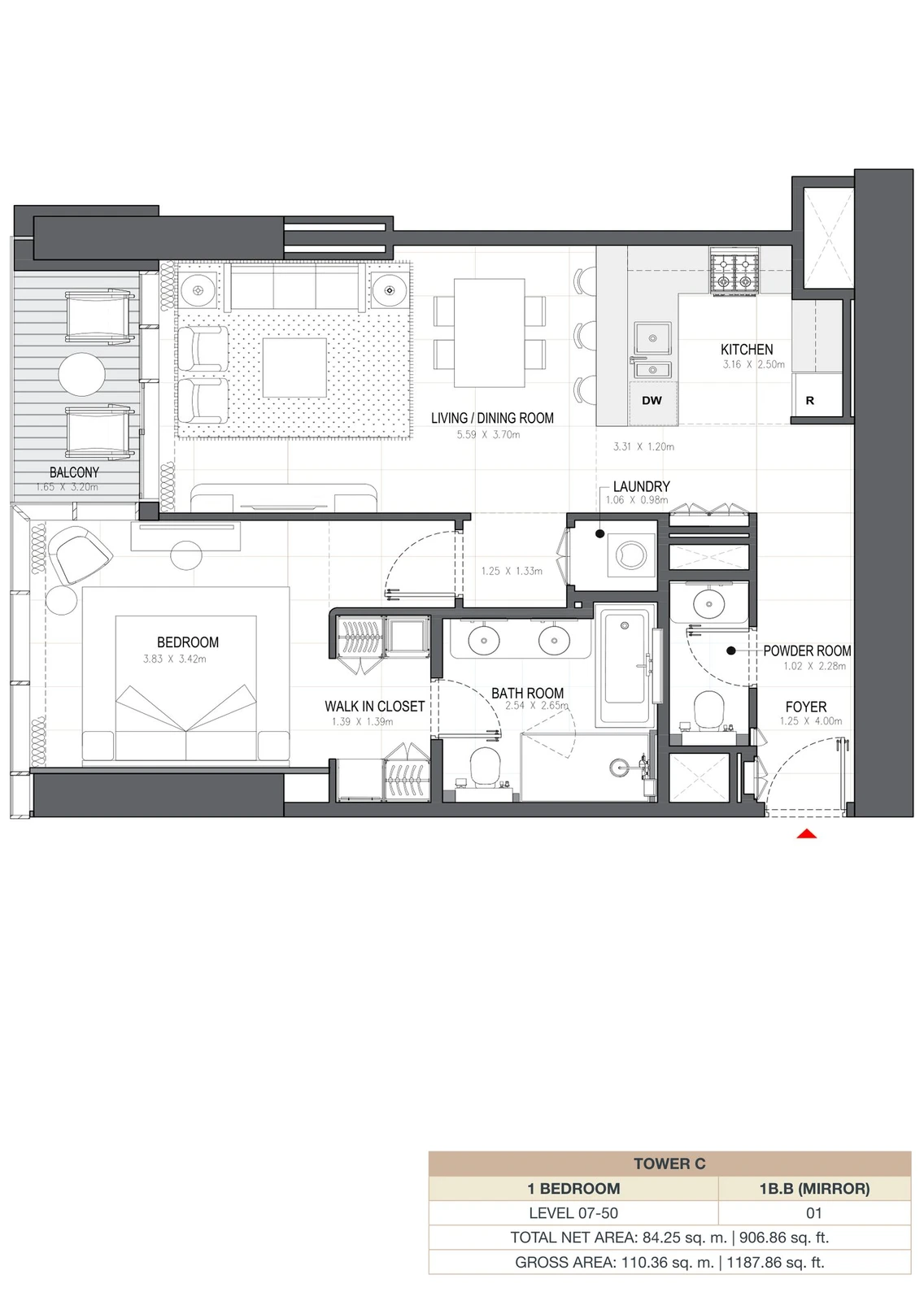 Linar by Alef 1-bedroom Tower C 1 Bedroom 1B.B Mirror apartment floor plan, 906.86 sq ft.