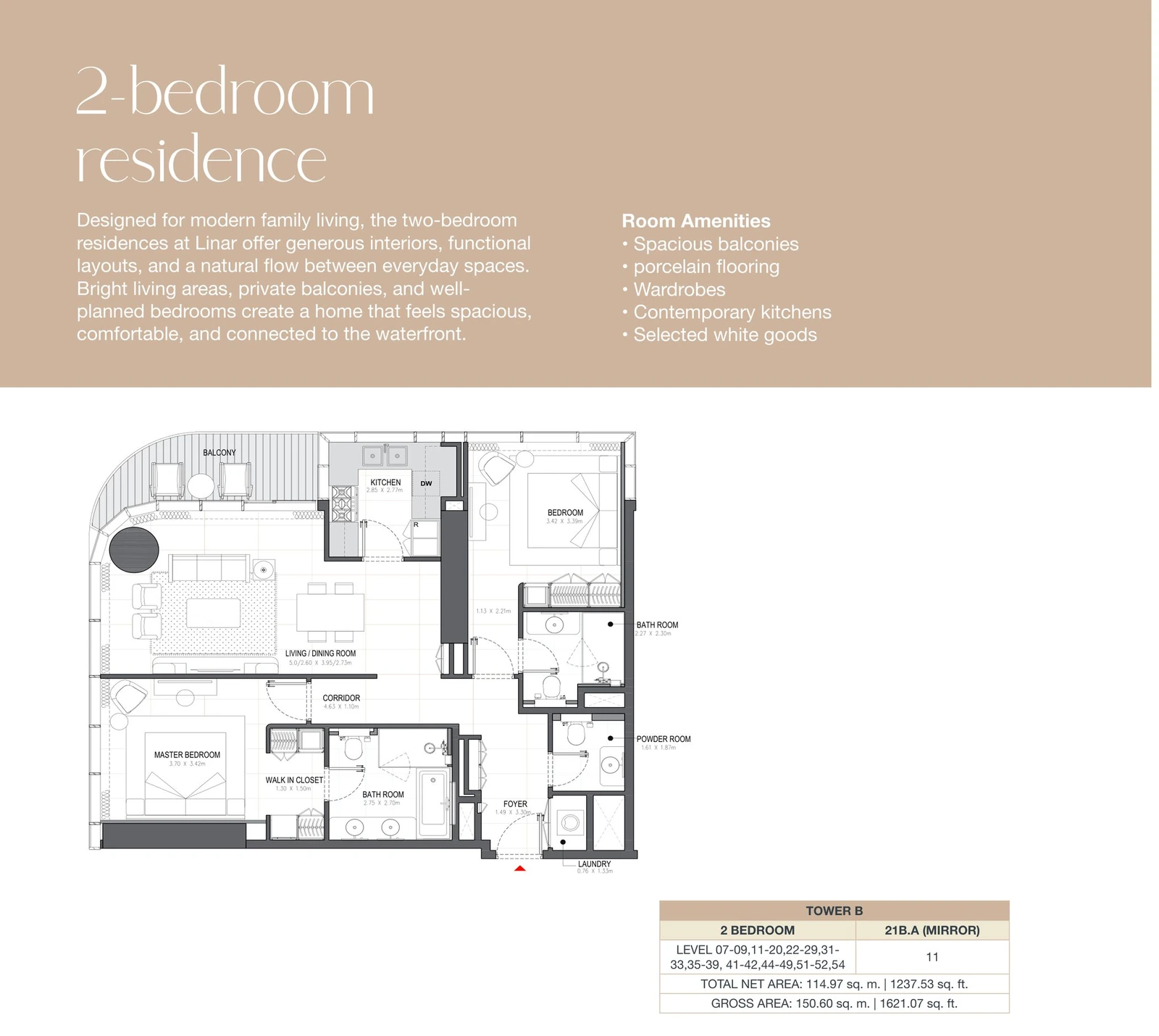 Linar by Alef 2-bedroom Tower B 2 Bedroom 2B.A Mirror apartment floor plan, 1,237.53 sq ft.